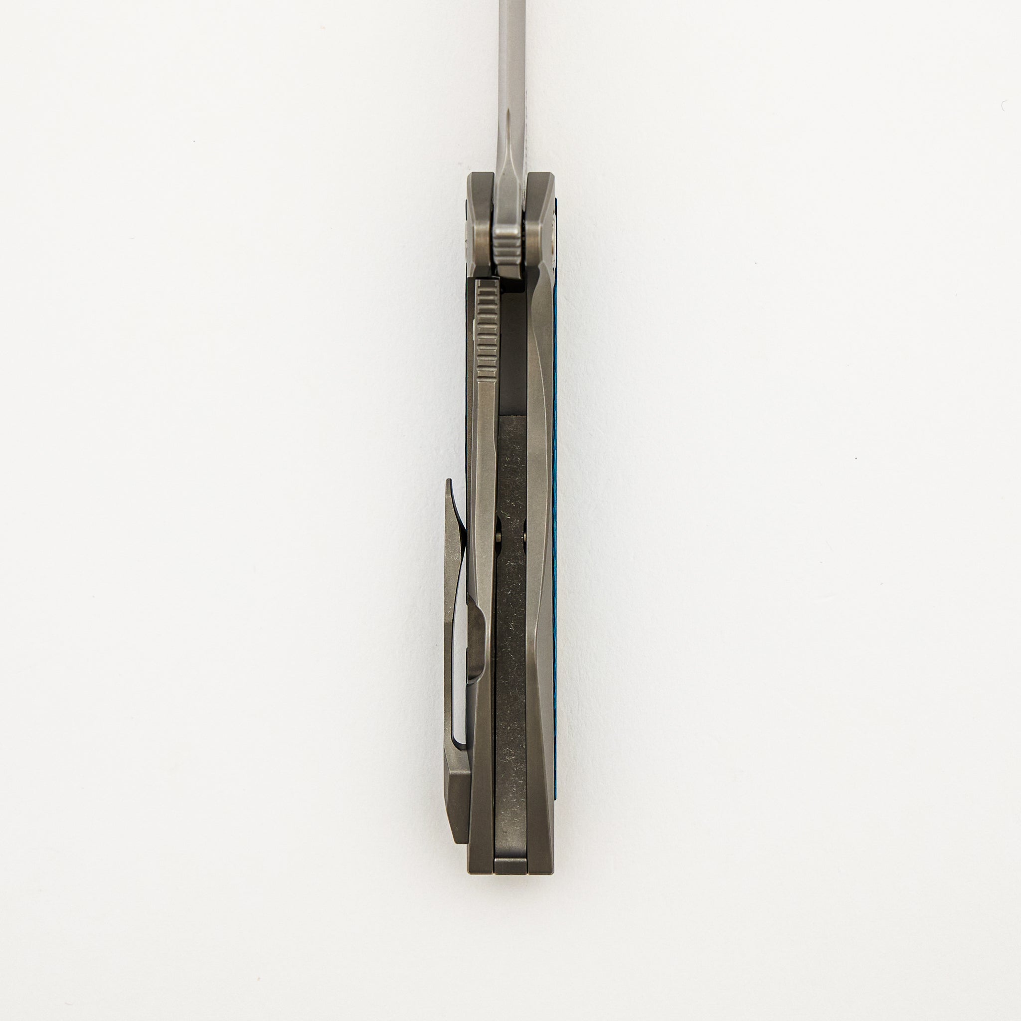Mini Goblin - Smooth Titanium W/ Aqua Teal Twill Inlay Handle - Silver Hardware - Burnished W/ Polished Flats M390 Blade