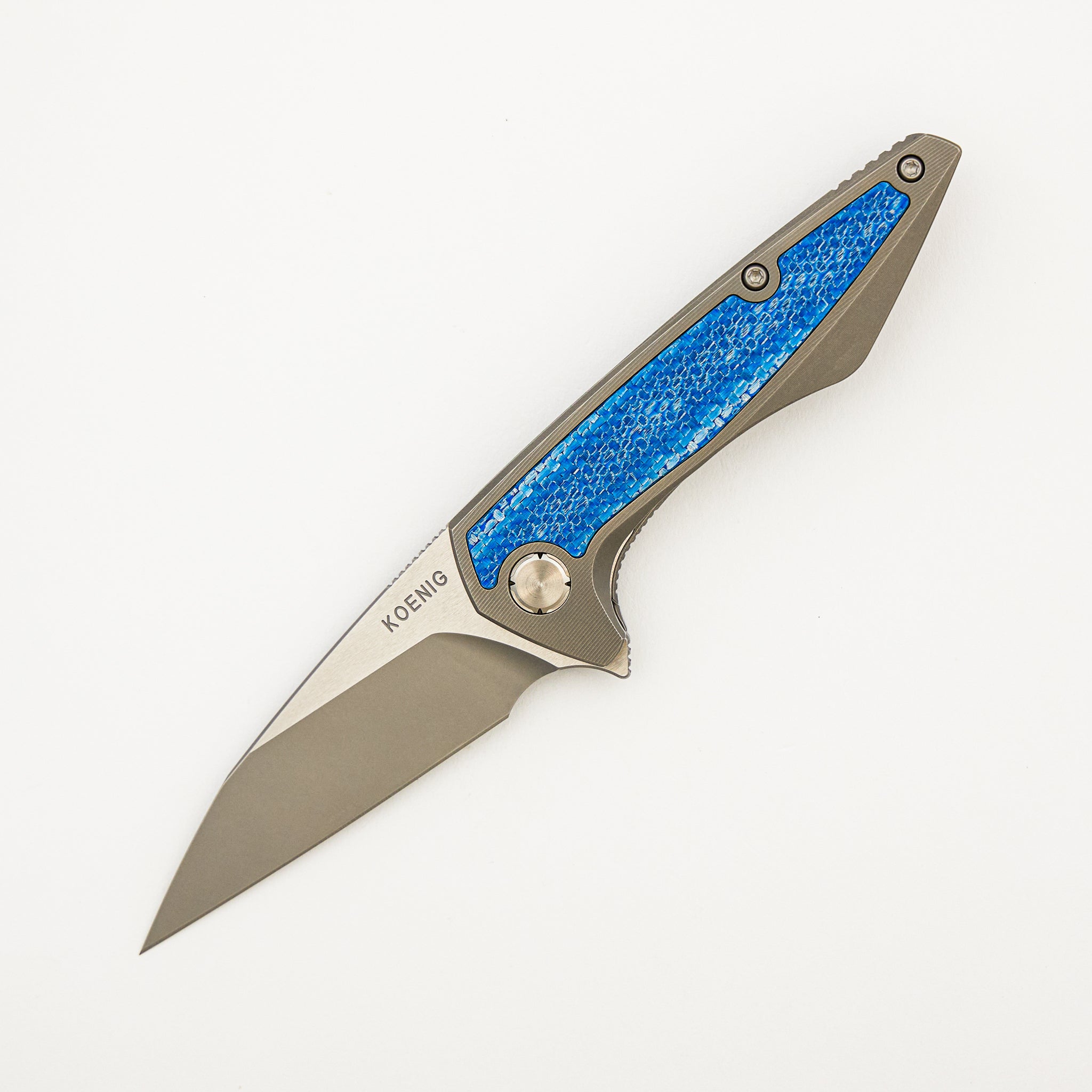 Mini Goblin - Smooth Titanium W/ Blue Twill Inlay Handle - Silver Hardware - Burnished W/ Polished Flats M390 Blade