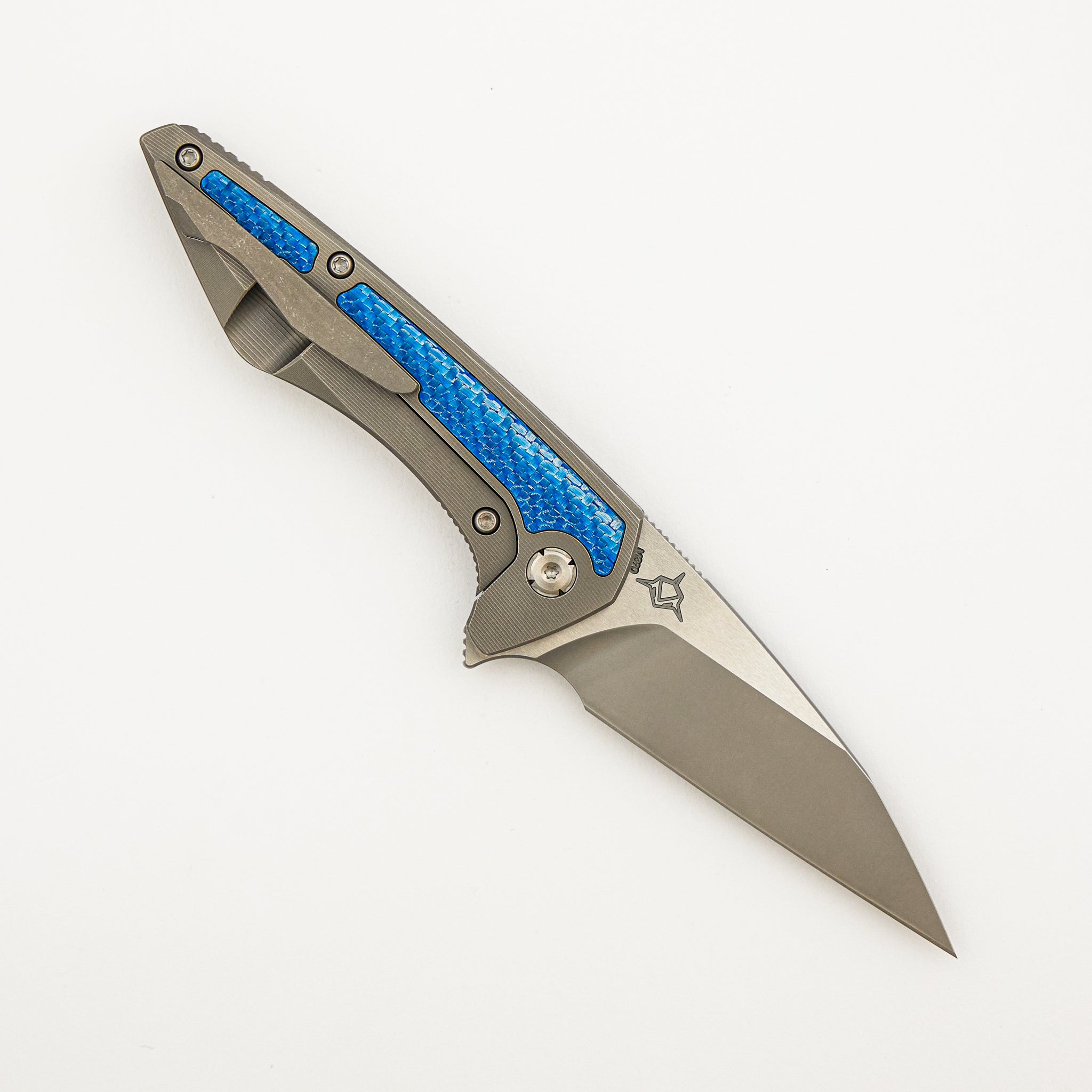 Mini Goblin - Smooth Titanium W/ Blue Twill Inlay Handle - Silver Hardware - Burnished W/ Polished Flats M390 Blade