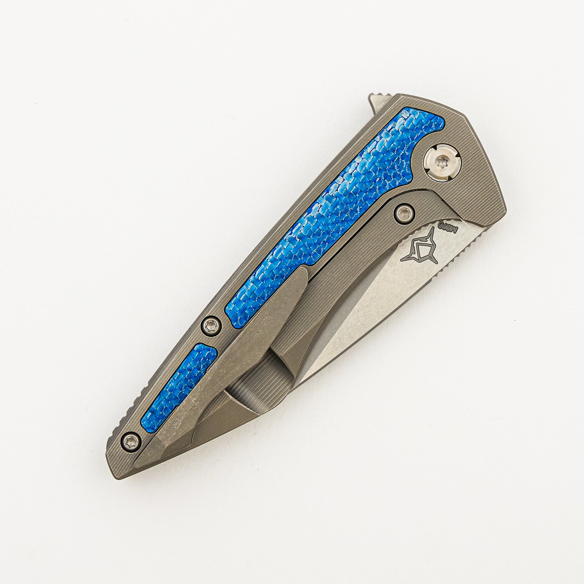 Mini Goblin - Smooth Titanium W/ Blue Twill Inlay Handle - Silver Hardware - Burnished W/ Polished Flats M390 Blade