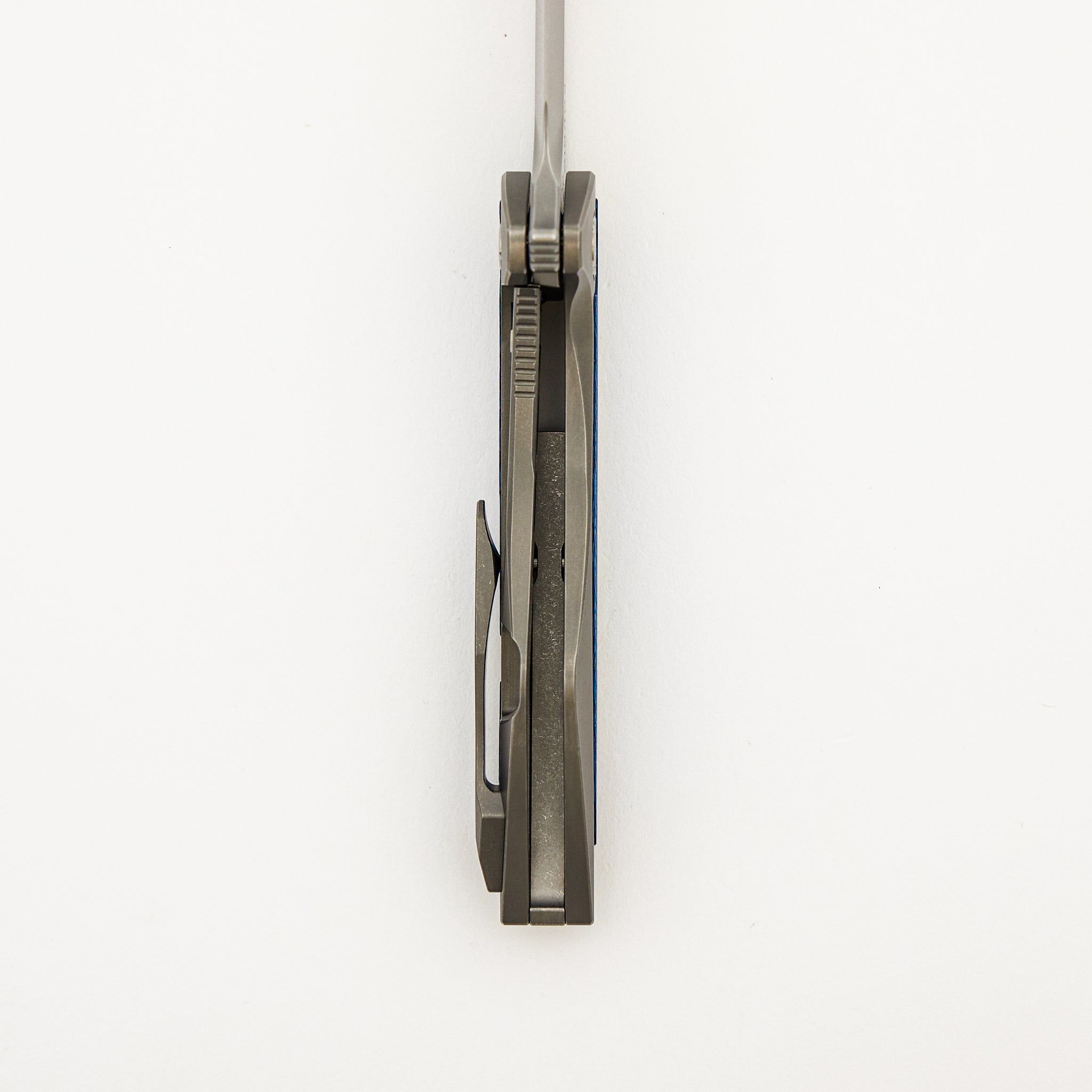 Mini Goblin - Smooth Titanium W/ Blue Twill Inlay Handle - Silver Hardware - Burnished W/ Polished Flats M390 Blade