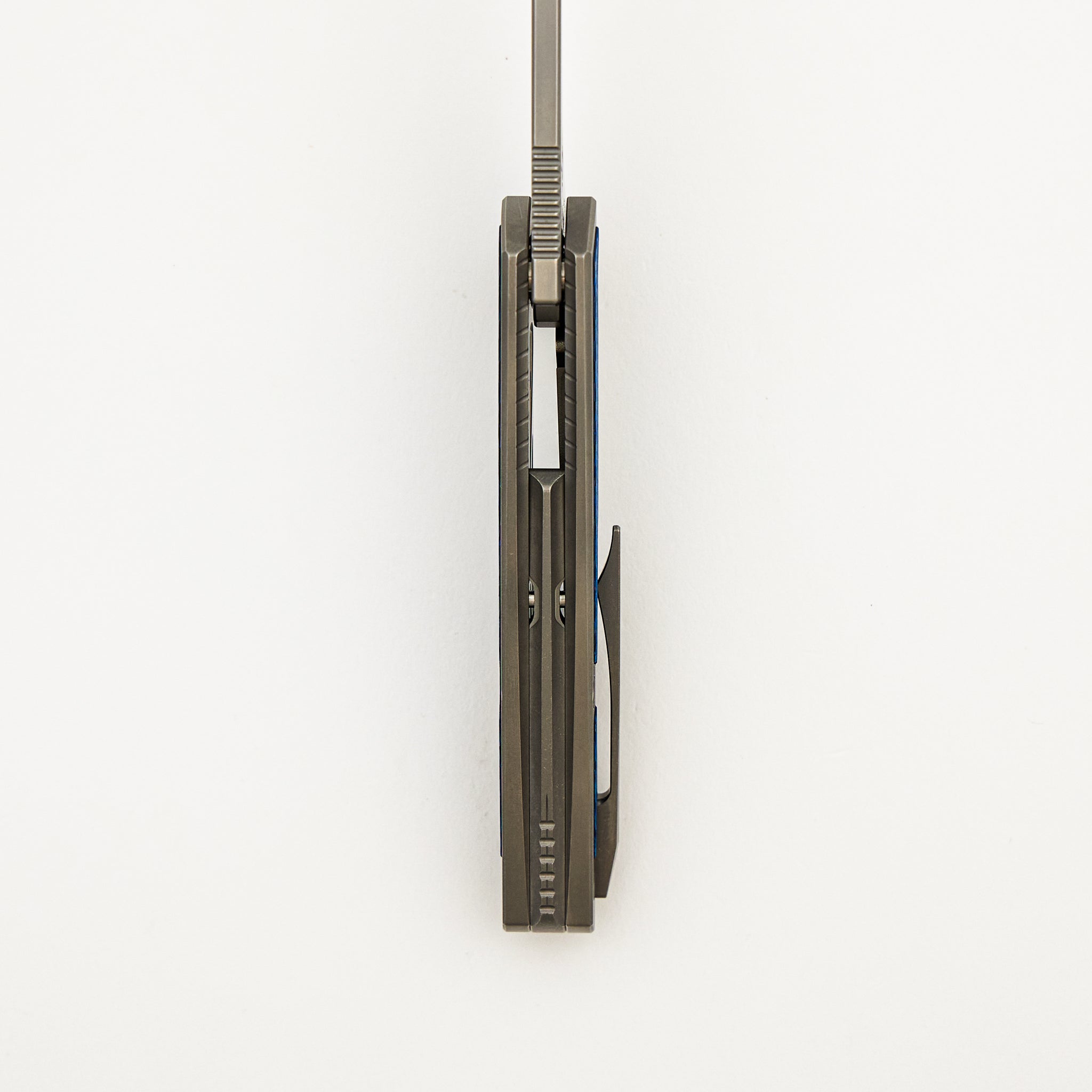 Mini Goblin - Smooth Titanium W/ Blue Twill Inlay Handle - Silver Hardware - Burnished W/ Polished Flats M390 Blade