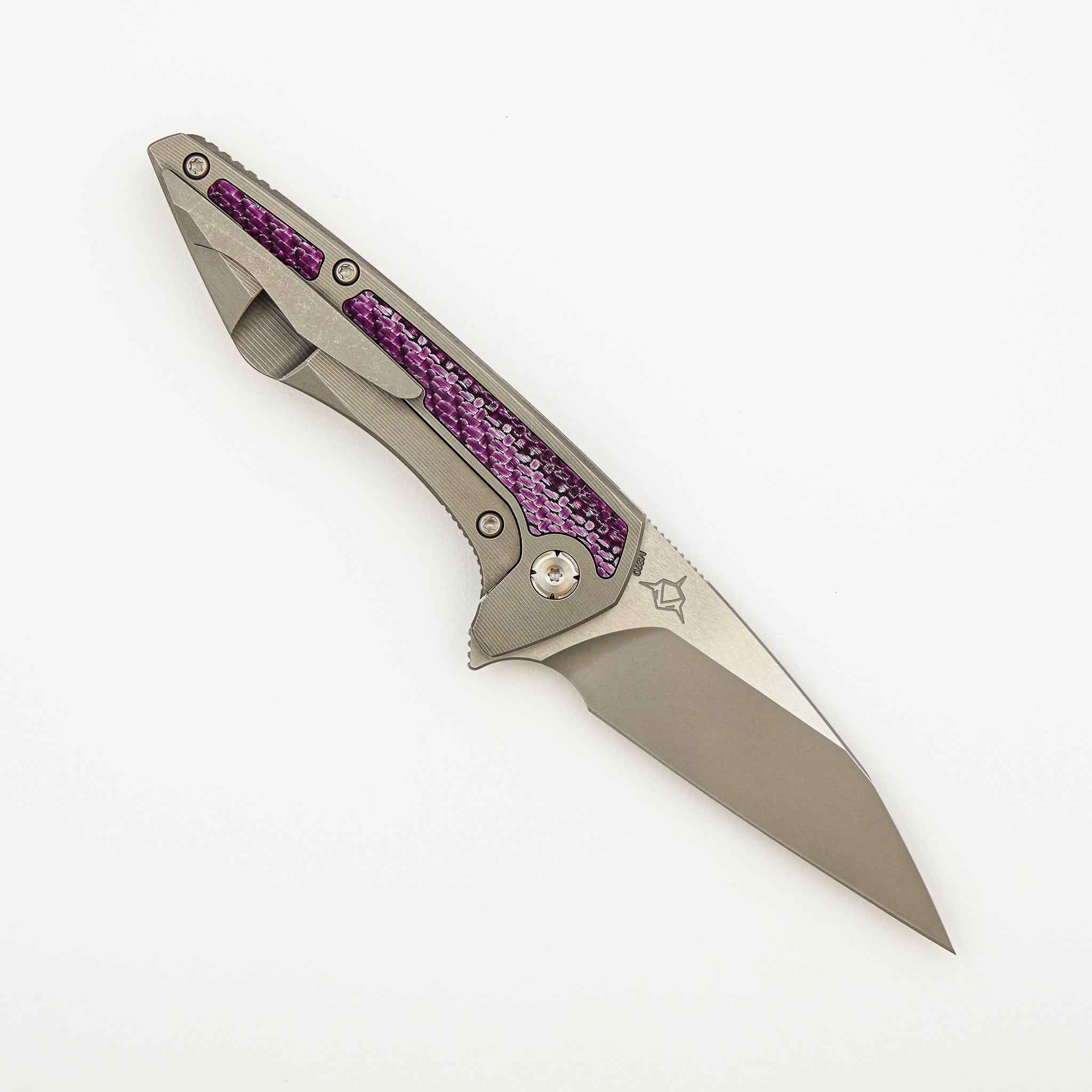 Mini Goblin - Smooth Titanium W/ Purple Twill Inlay Handle - Silver Hardware - Burnished W/ Polished Flats M390 Blade