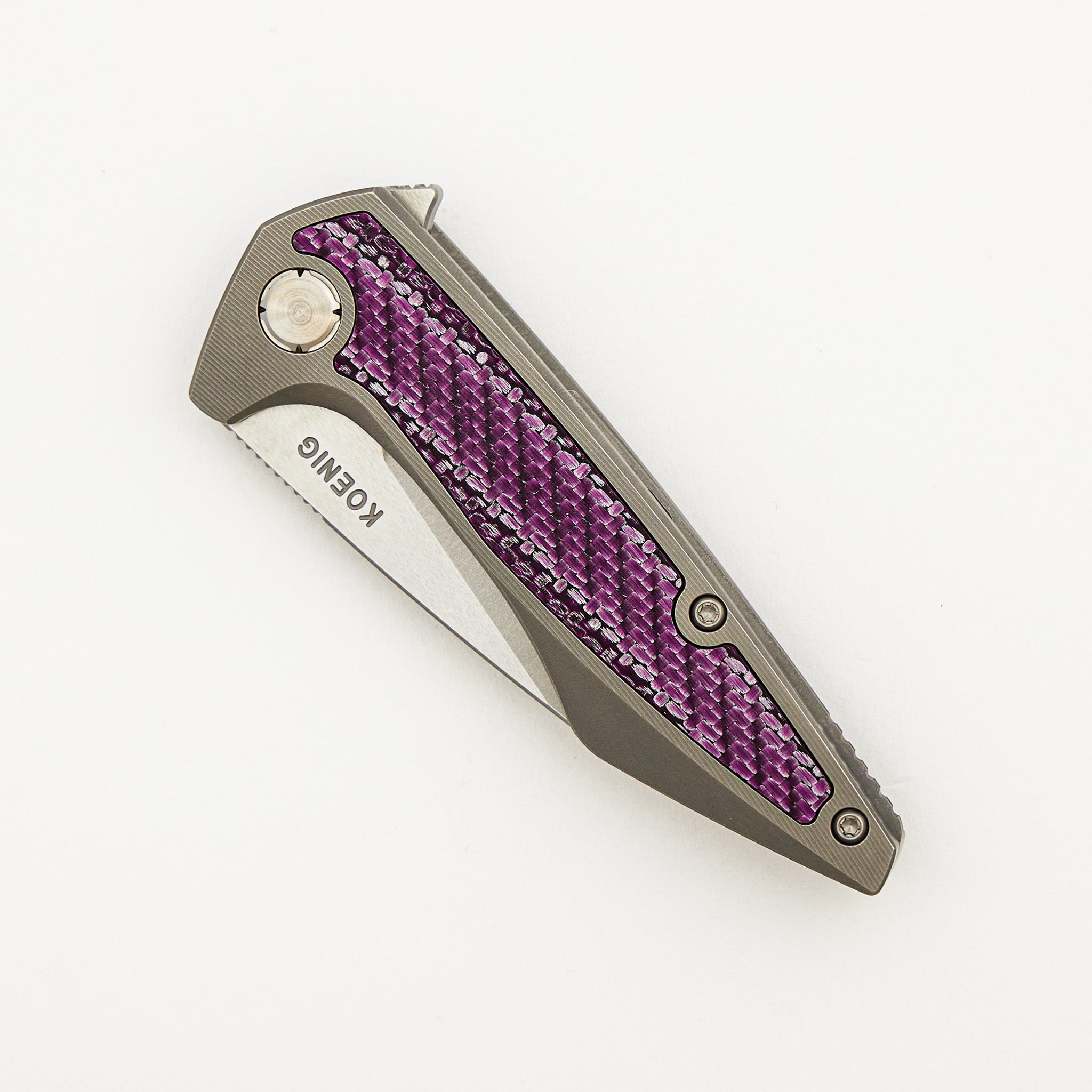 Mini Goblin - Smooth Titanium W/ Purple Twill Inlay Handle - Silver Hardware - Burnished W/ Polished Flats M390 Blade