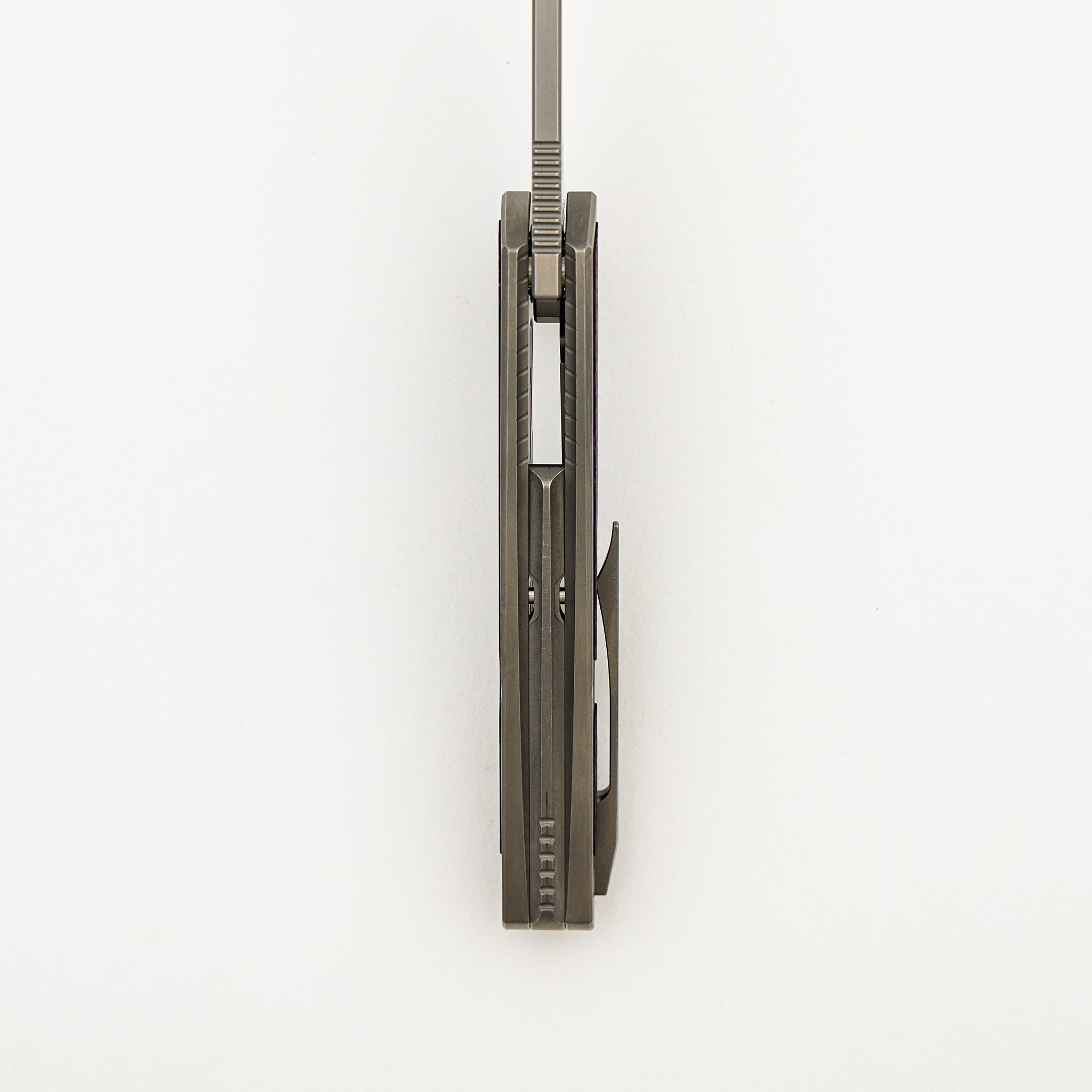 Mini Goblin - Smooth Titanium W/ Purple Twill Inlay Handle - Silver Hardware - Burnished W/ Polished Flats M390 Blade