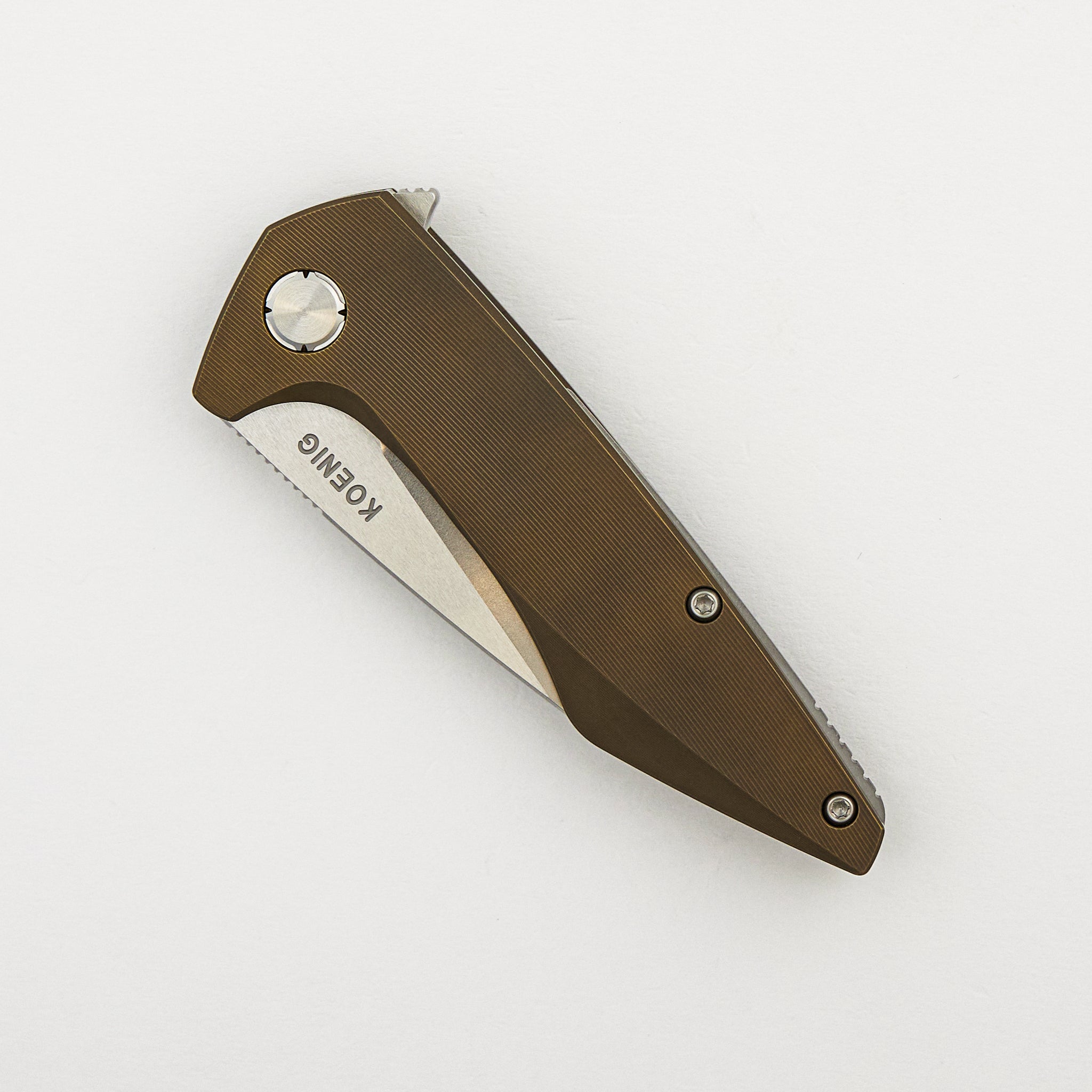 Mini Goblin - Bronze Smooth Titanium Handle - Silver Hardware - Brightwashed w/ Polished Flats M390 Blade