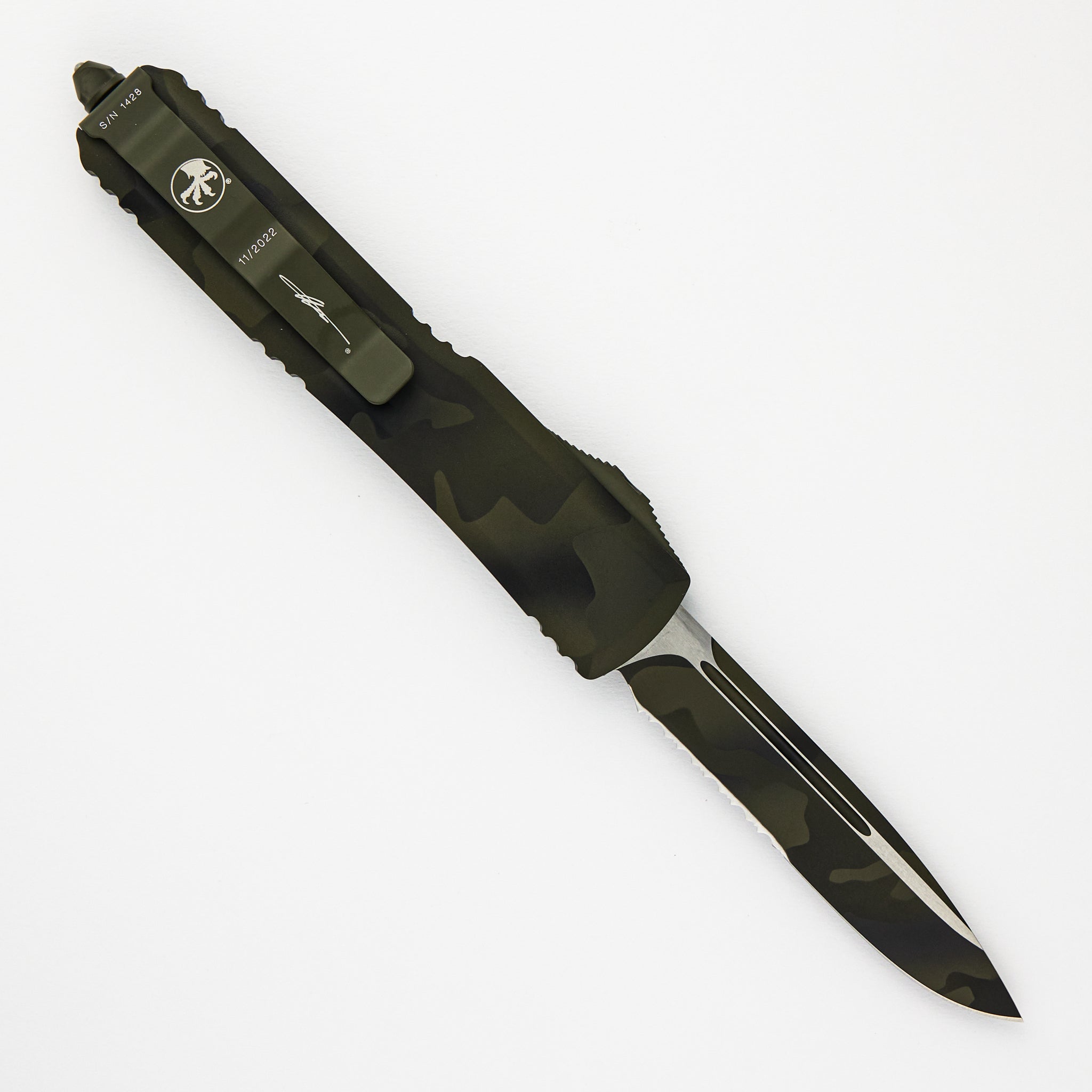 MICROTECH ULTRATECH S-E – OD GREEN CAMO – PARTIAL SERRATED OD GREEN CAMO BLADE SIGNATURE SERIES 121-2OCS