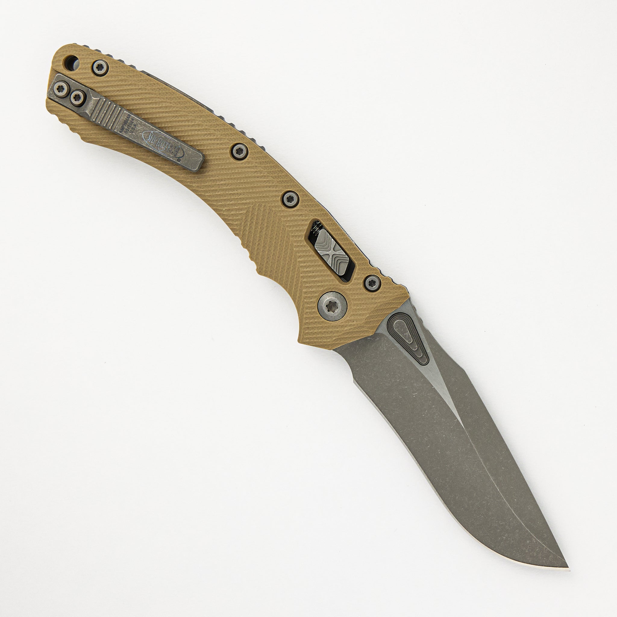 Microtech Amphibian - RAM-LOK Apocalyptic Drop Point Fluted Tan G10 137RL-10APFLGTTA