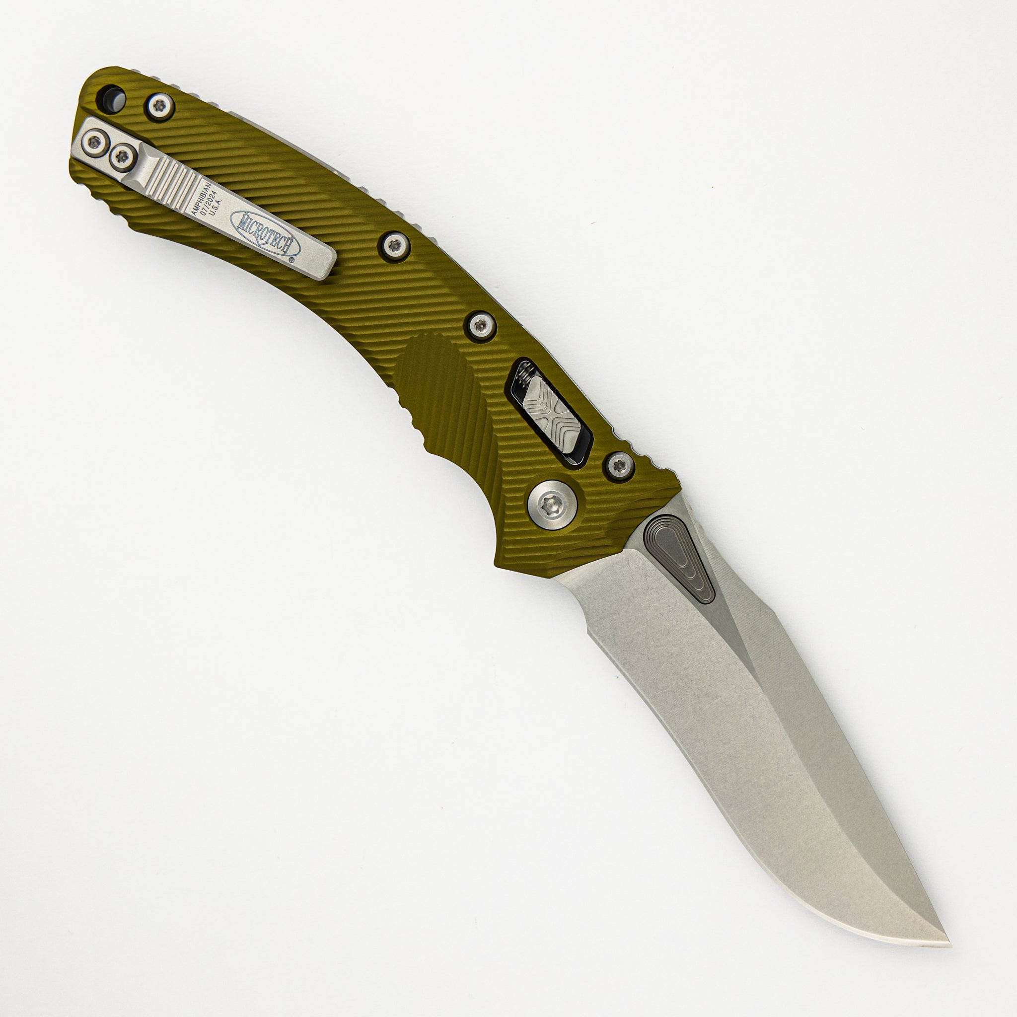 Microtech Amphibian - RAM-LOK S/E Stonewash Drop Point Standard Fluted OD Green Aluminum 137RL-10FLOD