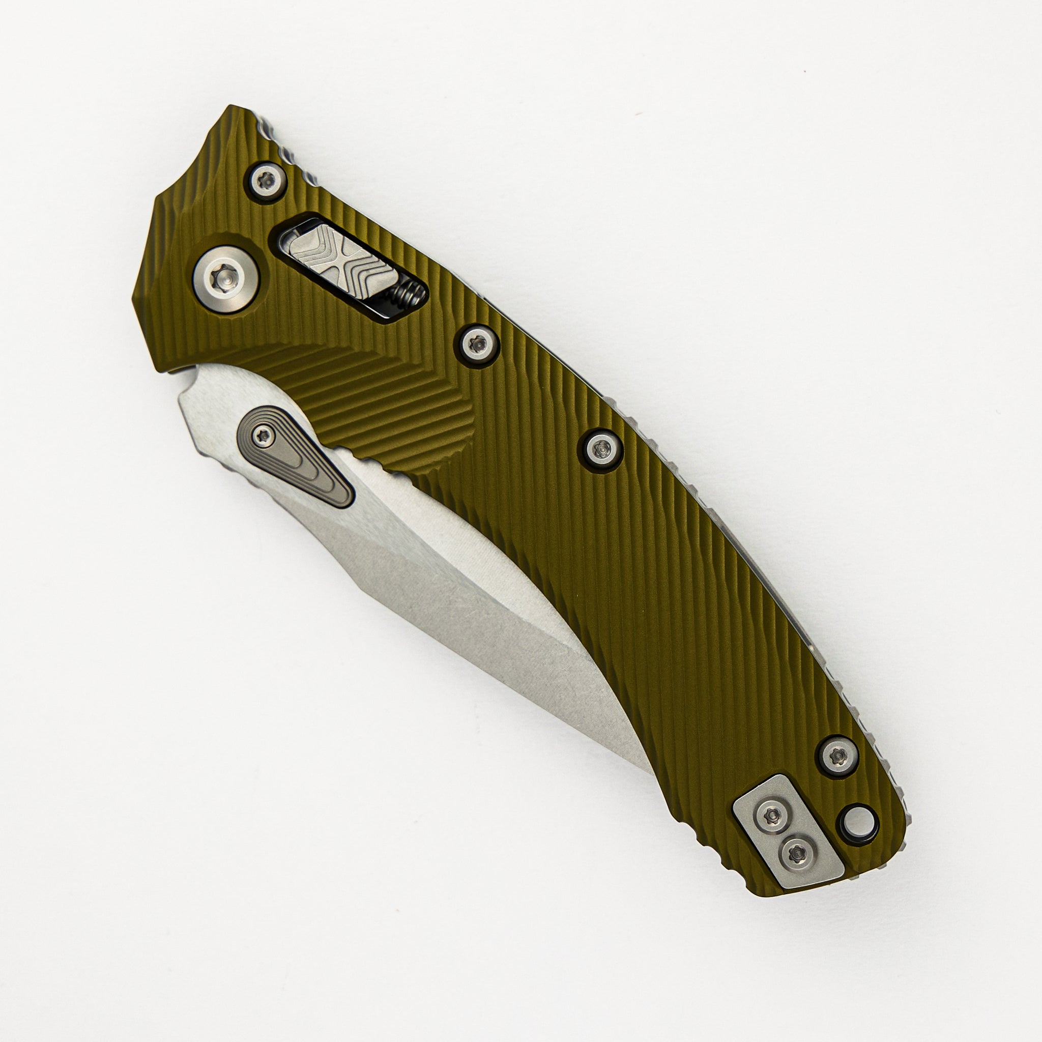 Microtech Amphibian - RAM-LOK S/E Stonewash Drop Point Standard Fluted OD Green Aluminum 137RL-10FLOD