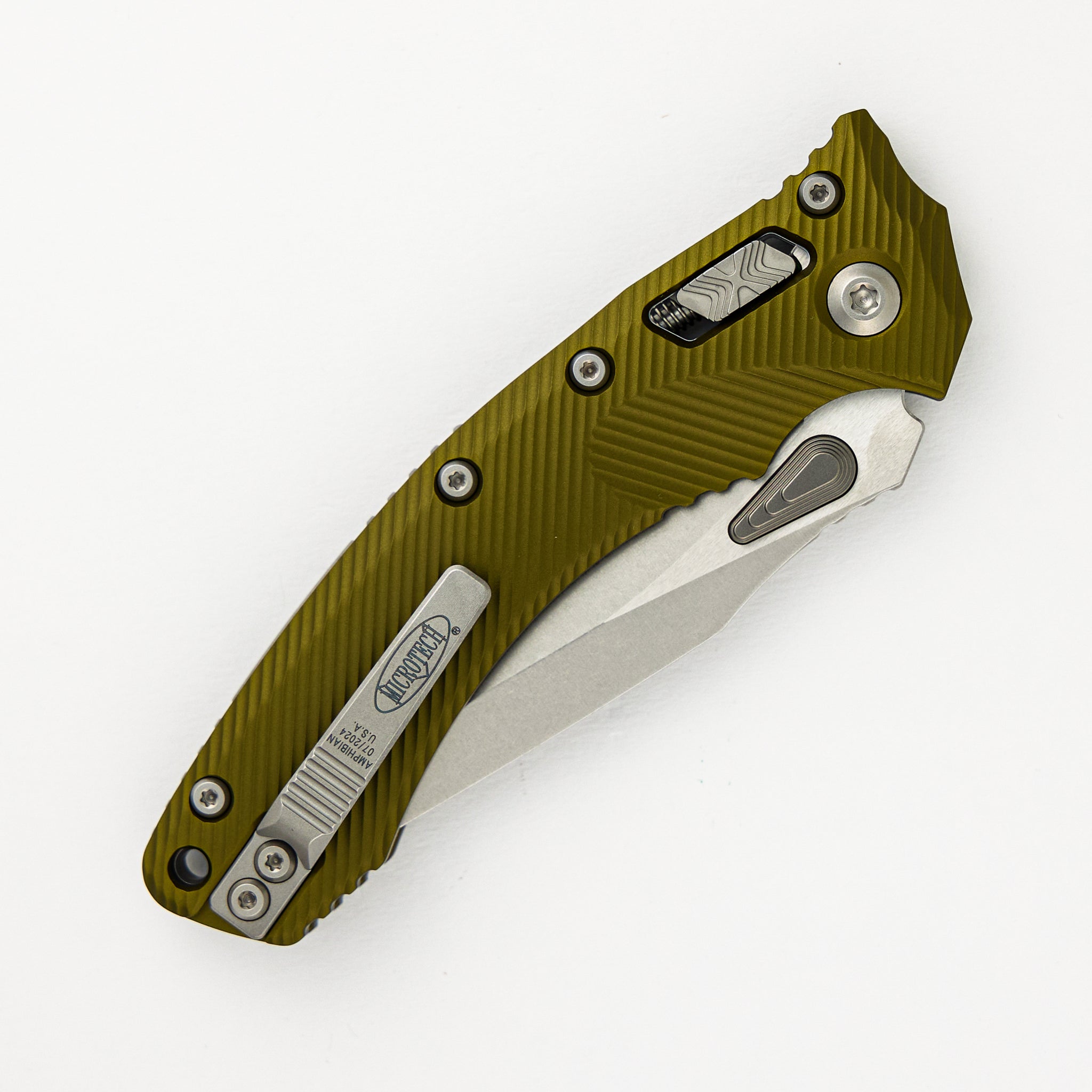 Microtech Amphibian - RAM-LOK S/E Stonewash Drop Point Standard Fluted OD Green Aluminum 137RL-10FLOD