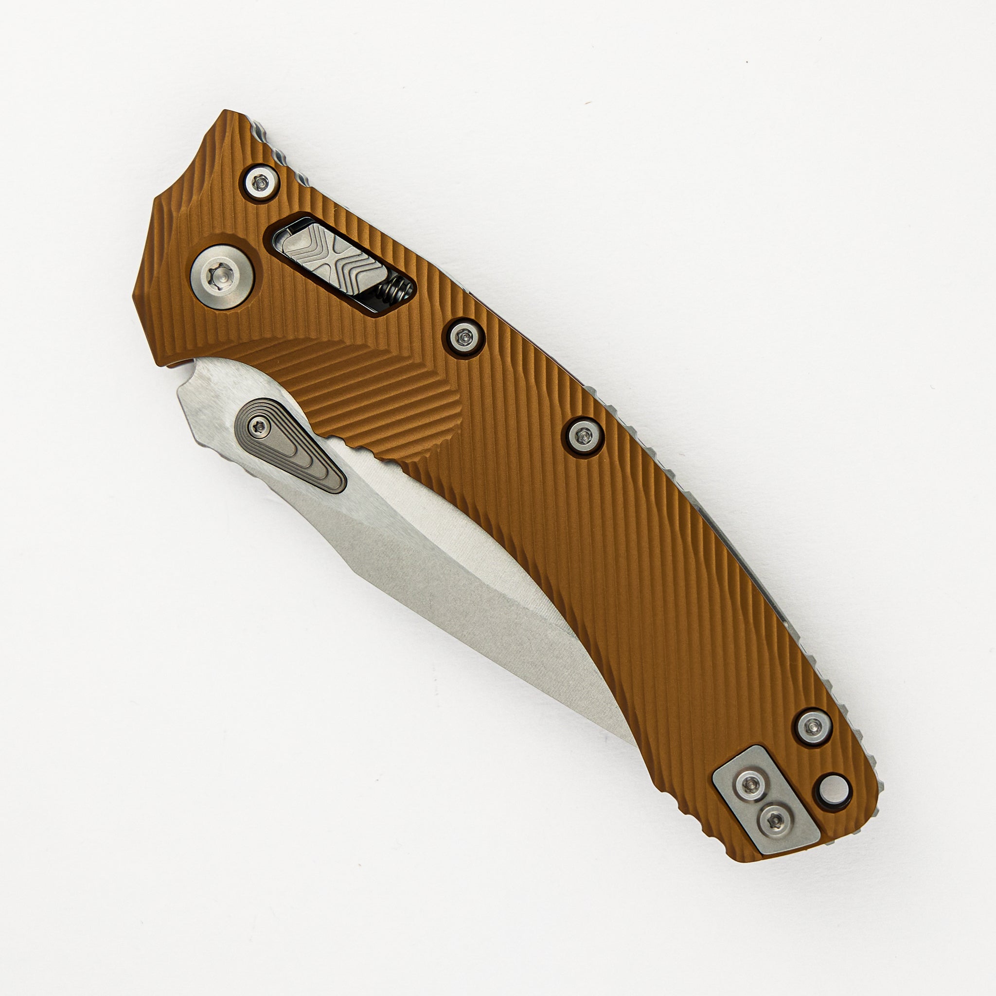 Microtech Amphibian - RAM-LOK S/E Stonewash Drop Point Standard Fluted Tan Aluminum 137RL-10FLTA