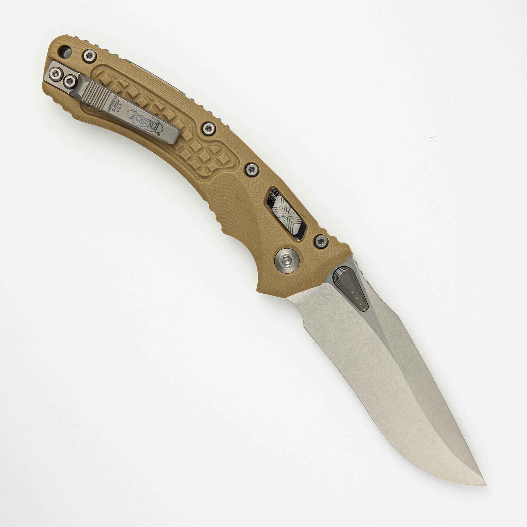 Microtech Amphibian - RAM-LOK S/E Frag G-10 Tan Stonewash Standard 137RL-10 FRGTTA