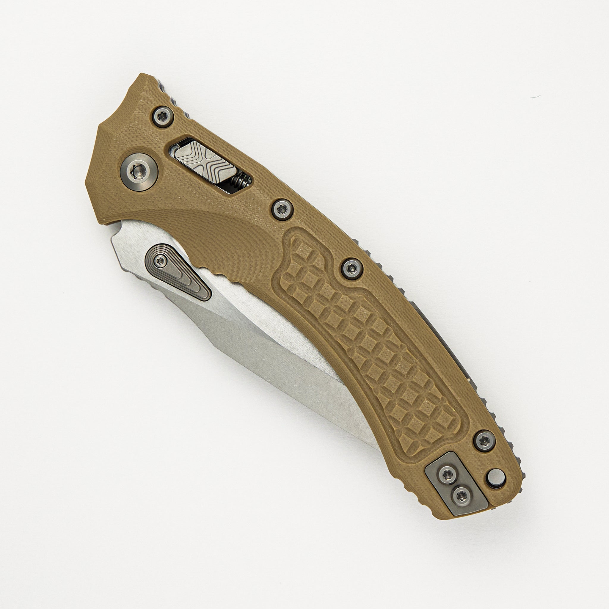 Microtech Amphibian - RAM-LOK S/E Frag G-10 Tan Stonewash Standard 137RL-10 FRGTTA