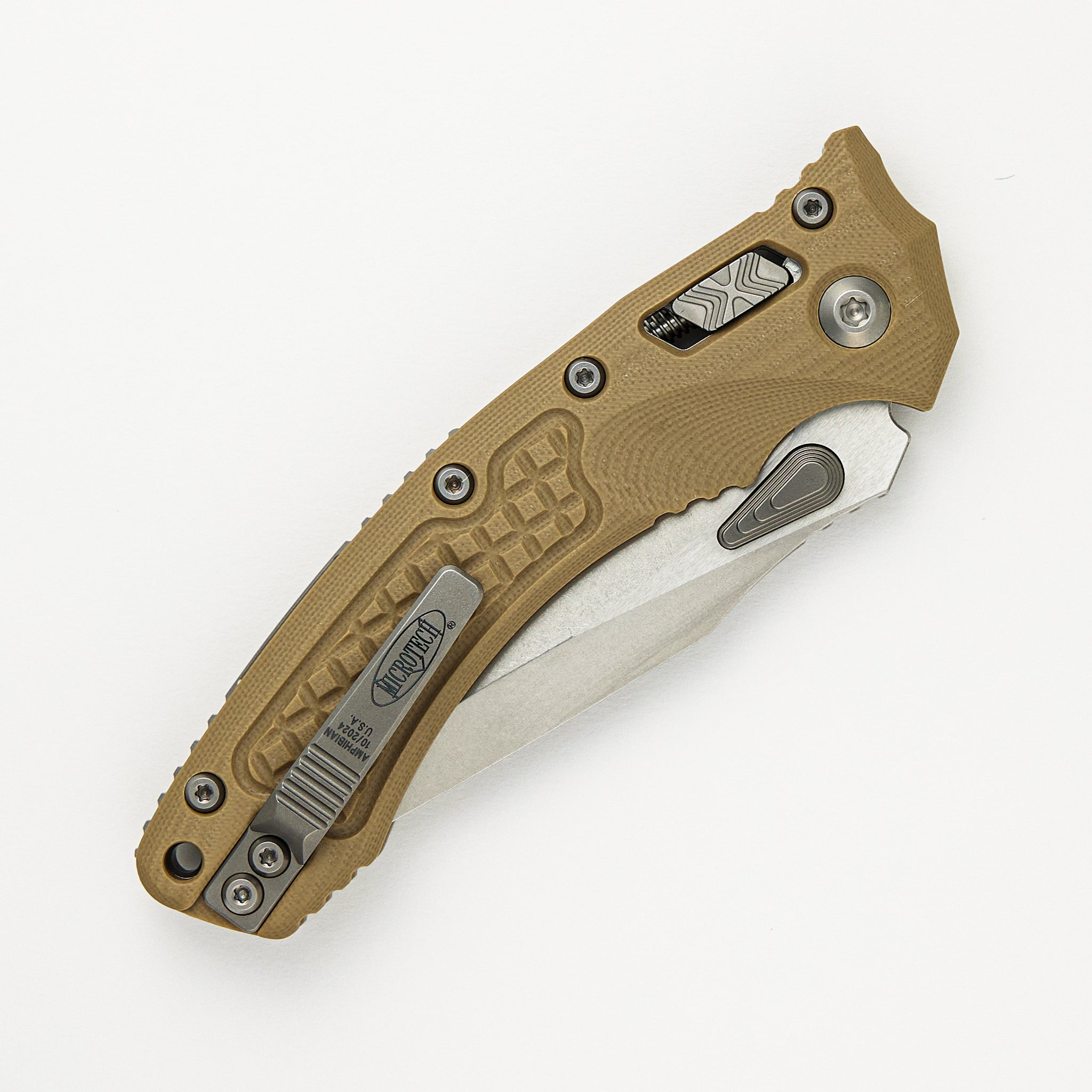 Microtech Amphibian - RAM-LOK S/E Frag G-10 Tan Stonewash Standard 137RL-10 FRGTTA