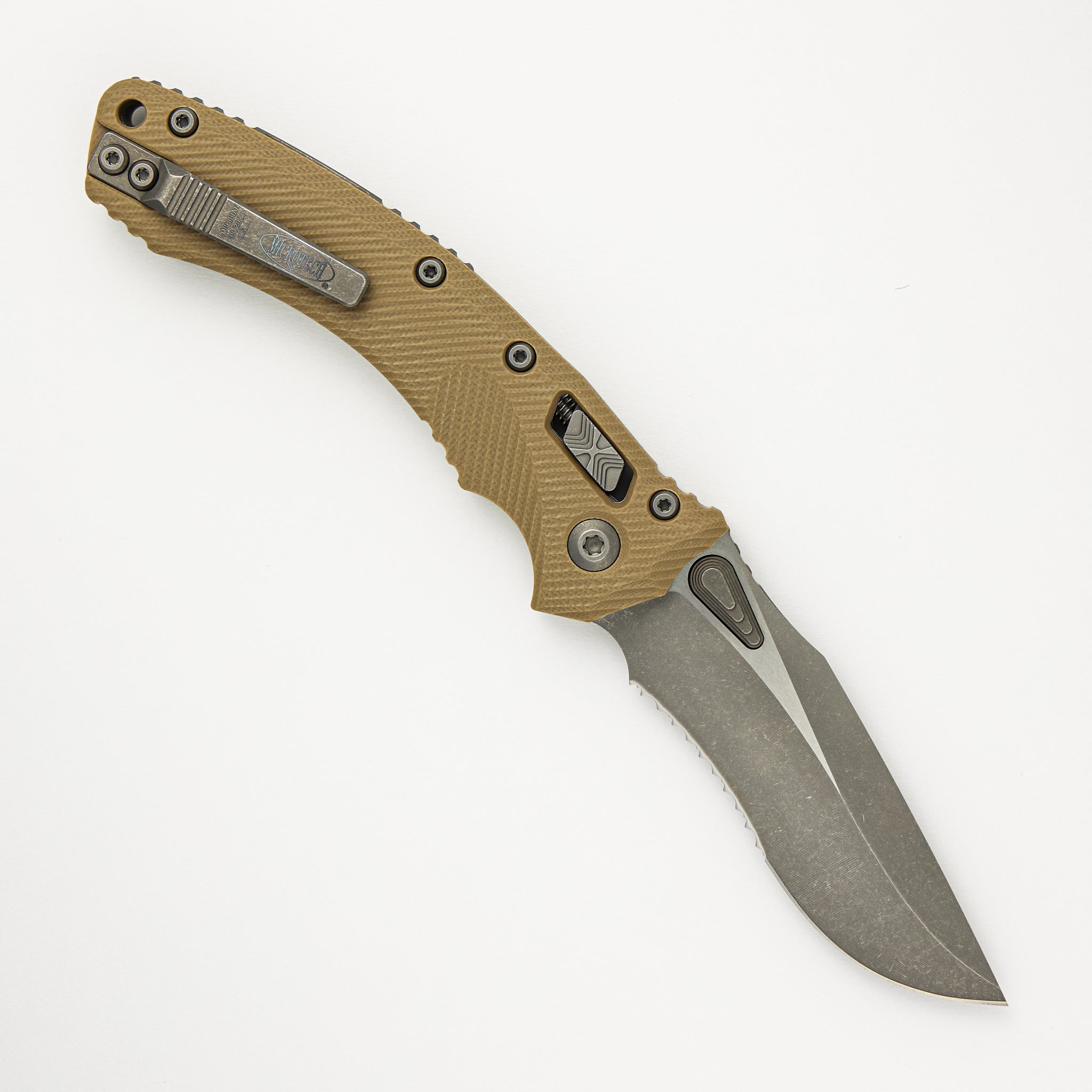 Microtech Amphibian - RAM-LOK S/E Fluted G-10 Tan Apocalyptic Parial Serrated 137RL-11 APFLGTTA