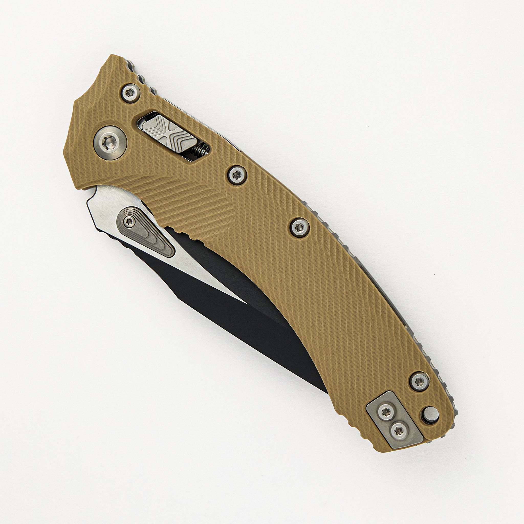 Microtech Amphibian - RAM-LOK Black Drop Point Fluted Tan G10 137RL-1FLGTTA