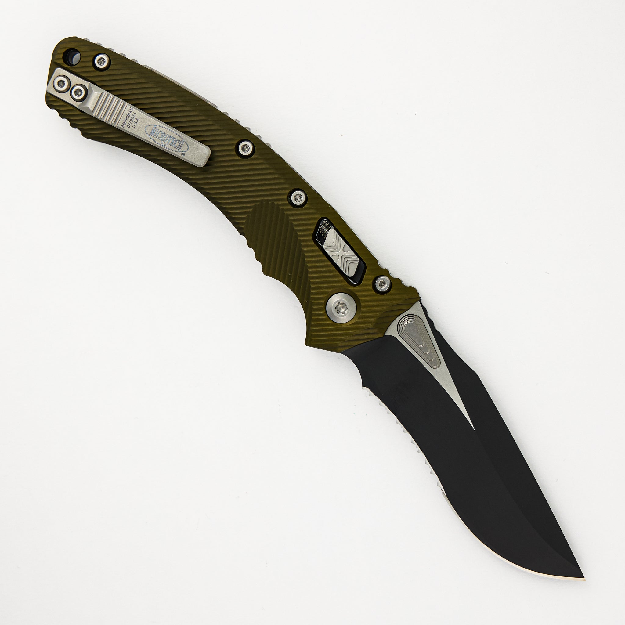 Microtech Amphibian - RAM-LOK Black Drop Point Partial Serrated Fluted OD Green Aluminum 137RL-2FLOD