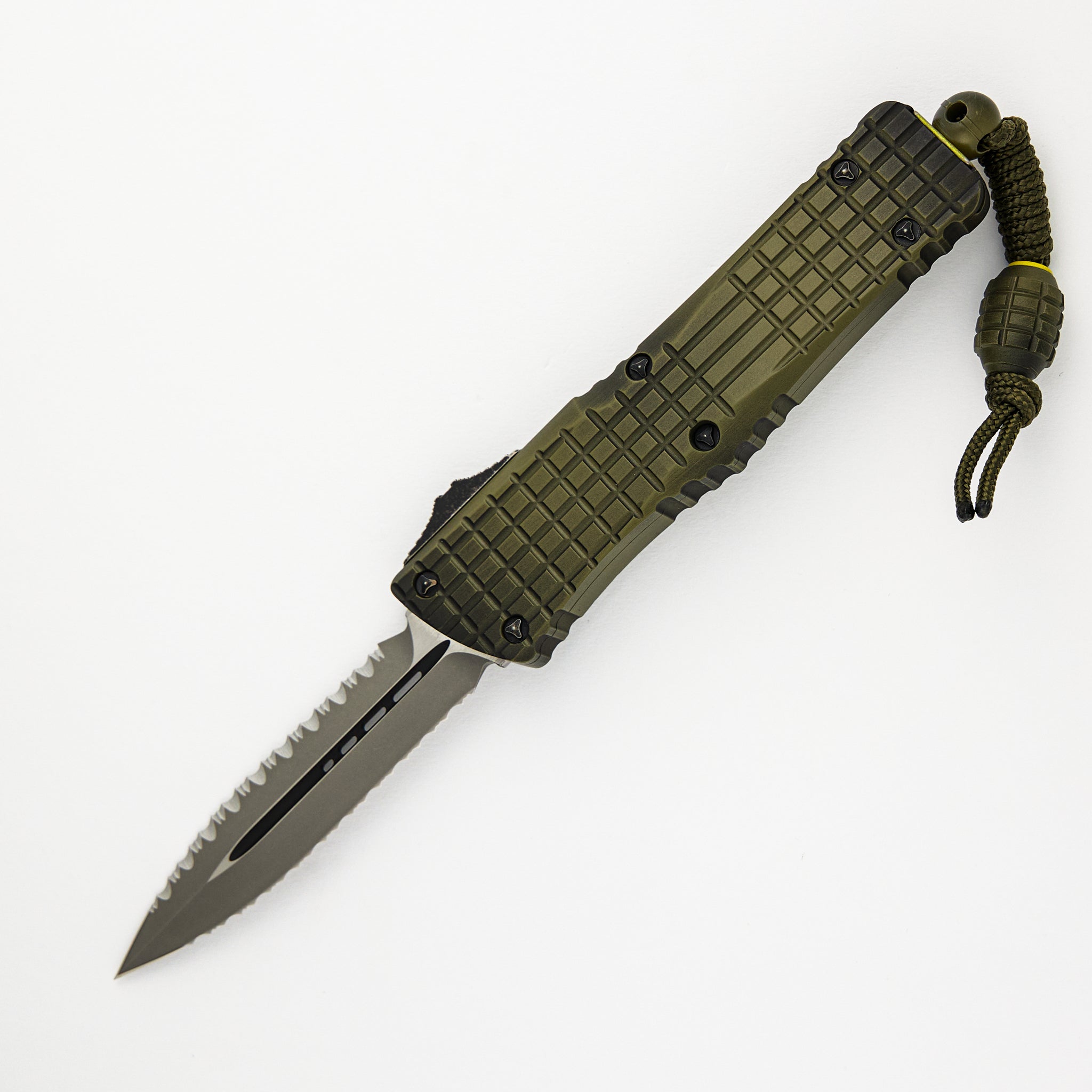 MICROTECH COMBAT TROODON – D/E FRAG OFF SERIES GRENADE GREEN APOCALYPTIC DOUBLE REVERSE FULL SERRATED 142-DR12 APFROGG