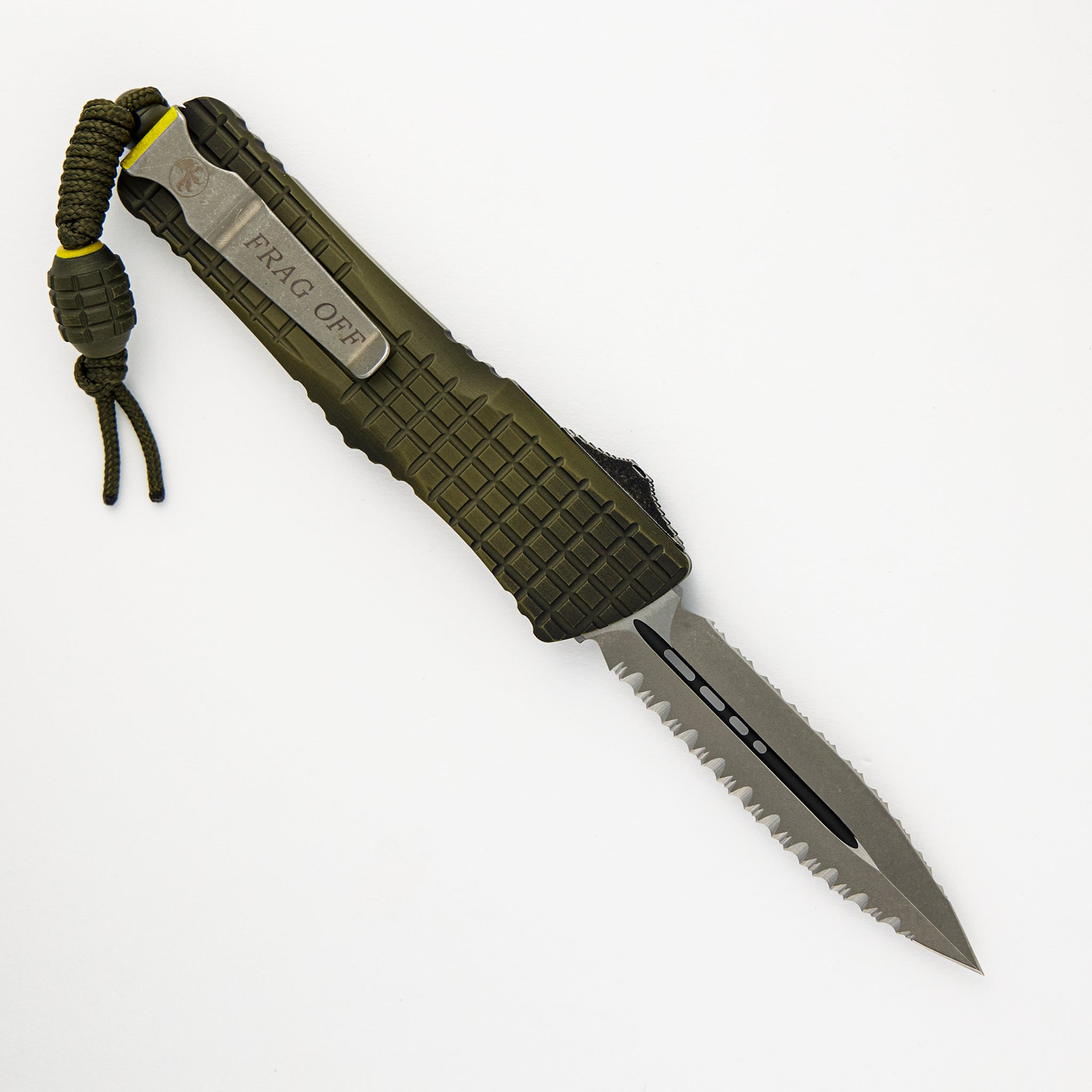 MICROTECH COMBAT TROODON – D/E FRAG OFF SERIES GRENADE GREEN APOCALYPTIC DOUBLE REVERSE FULL SERRATED 142-DR12 APFROGG