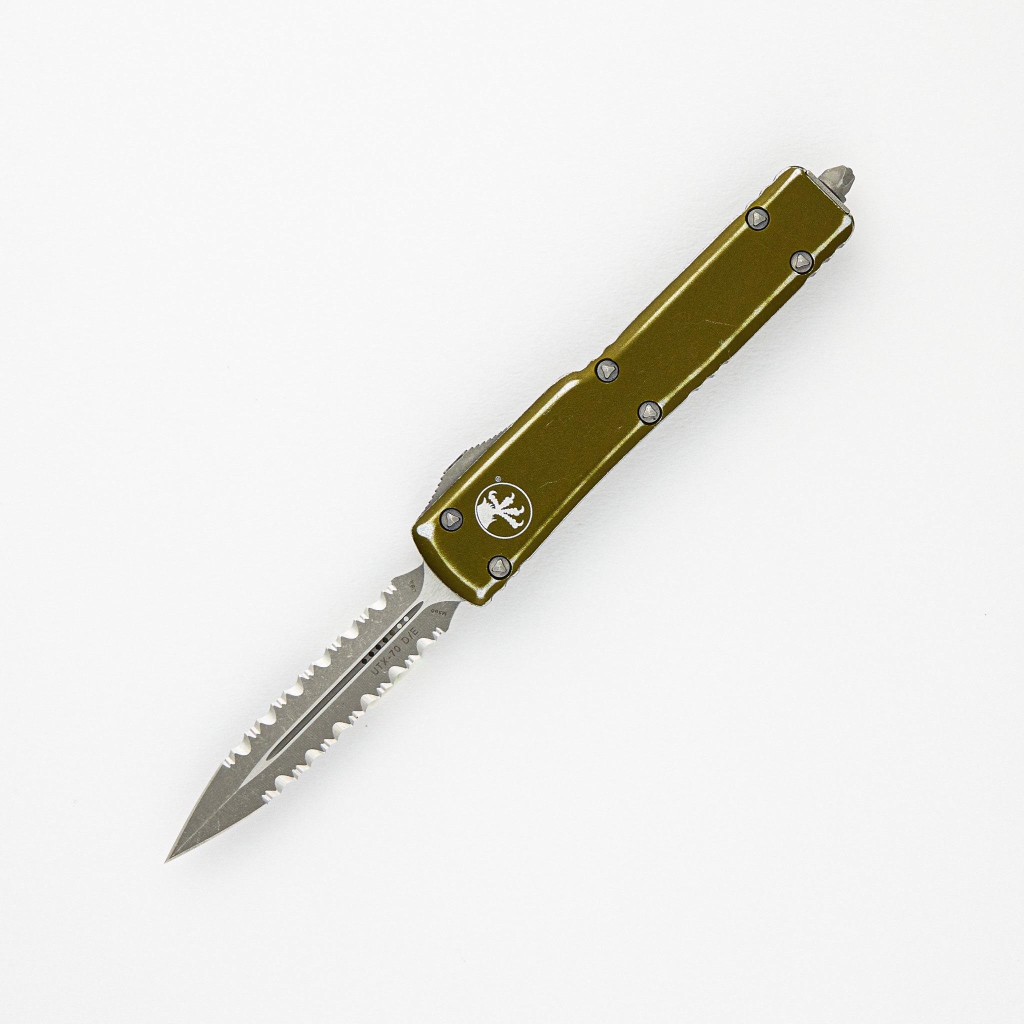 MICROTECH UTX-70 D-E DISTRESSED OD GREEN APOCALYPTIC DOUBLE FULL SERRATED 147-D12 DOD