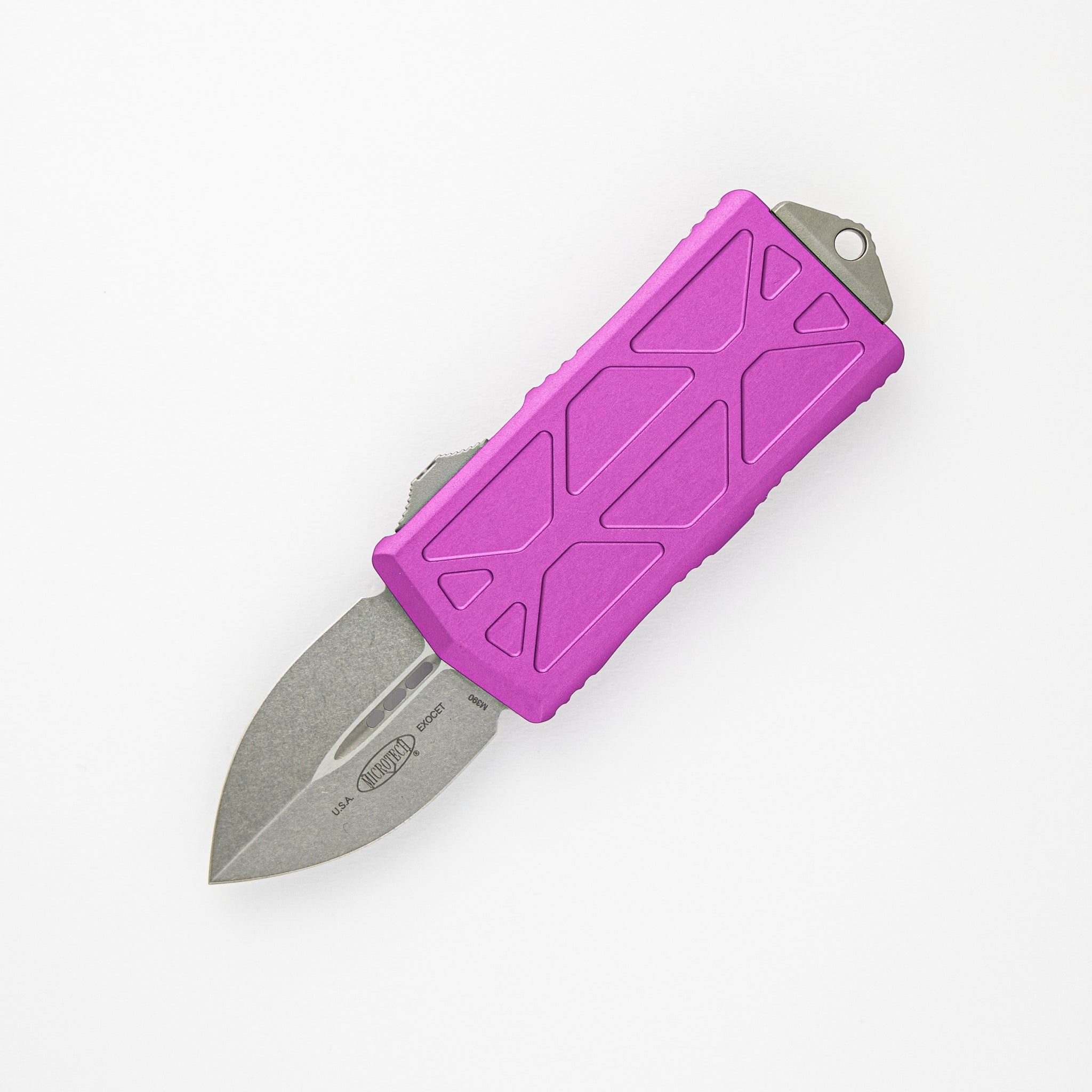 MICROTECH EXOCET - CA-LEGAL OTF KNIFE - VIOLET MONEYCLIP D-E STONEWASH STANDARD 157-10 VI