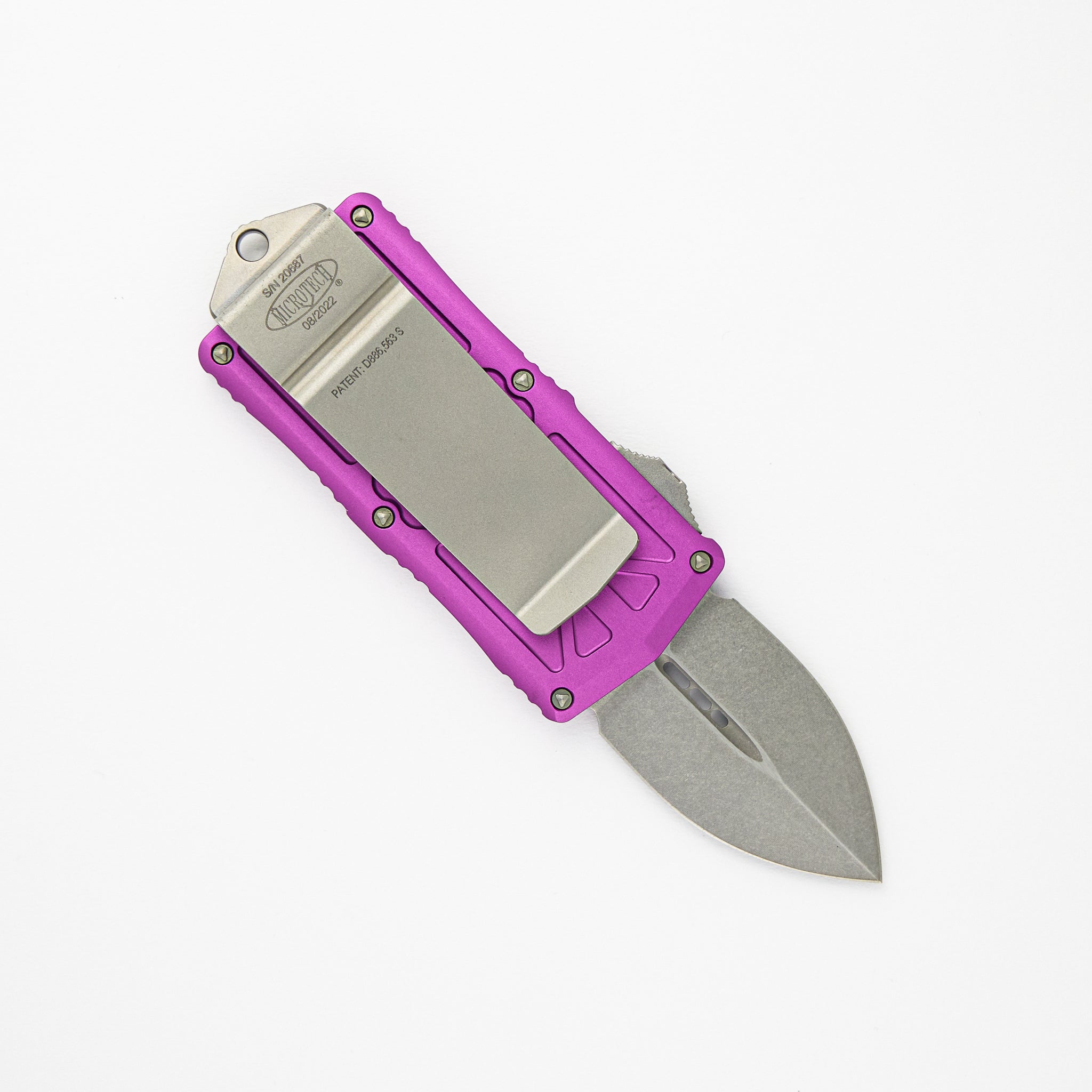 MICROTECH EXOCET - CA-LEGAL OTF KNIFE - VIOLET MONEYCLIP D-E STONEWASH STANDARD 157-10 VI