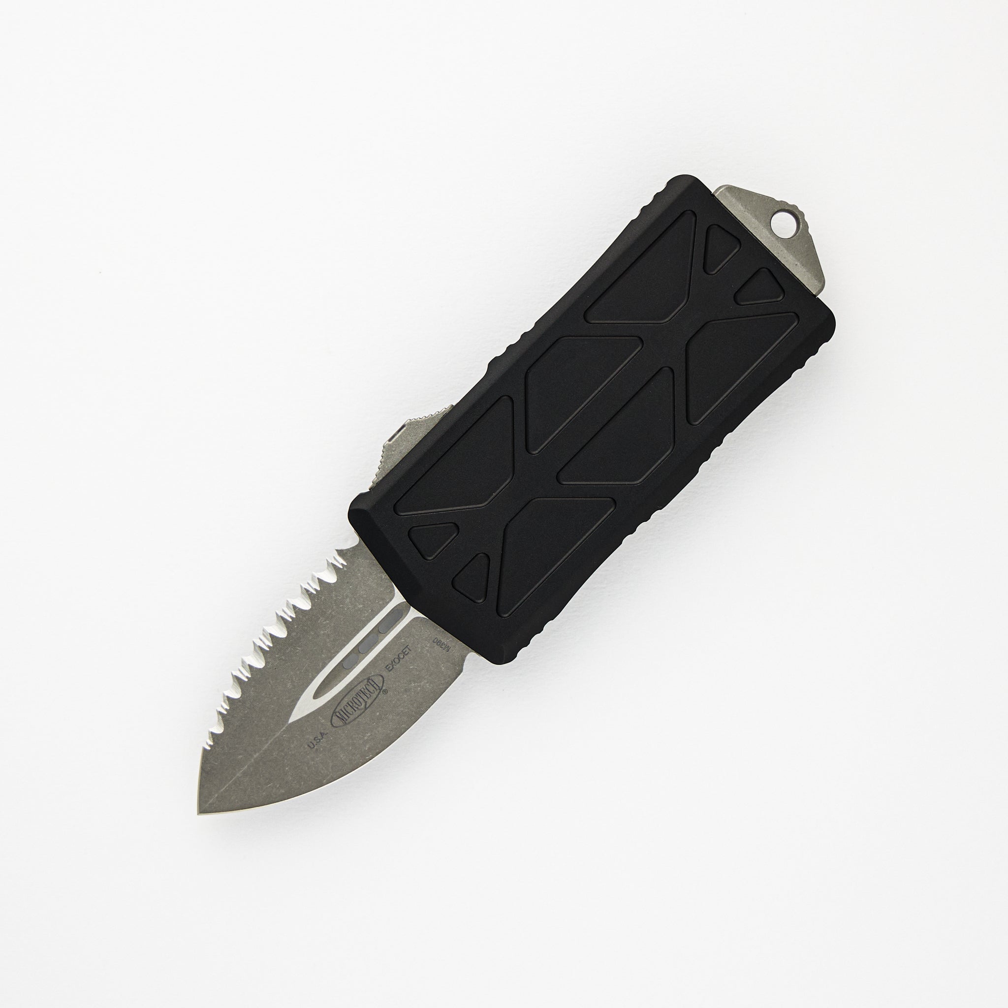 MICROTECH EXOCET - CA-LEGAL OTF KNIFE - MONEYCLIP D-E APOCALYPTIC FULL SERRATED 157-12 AP