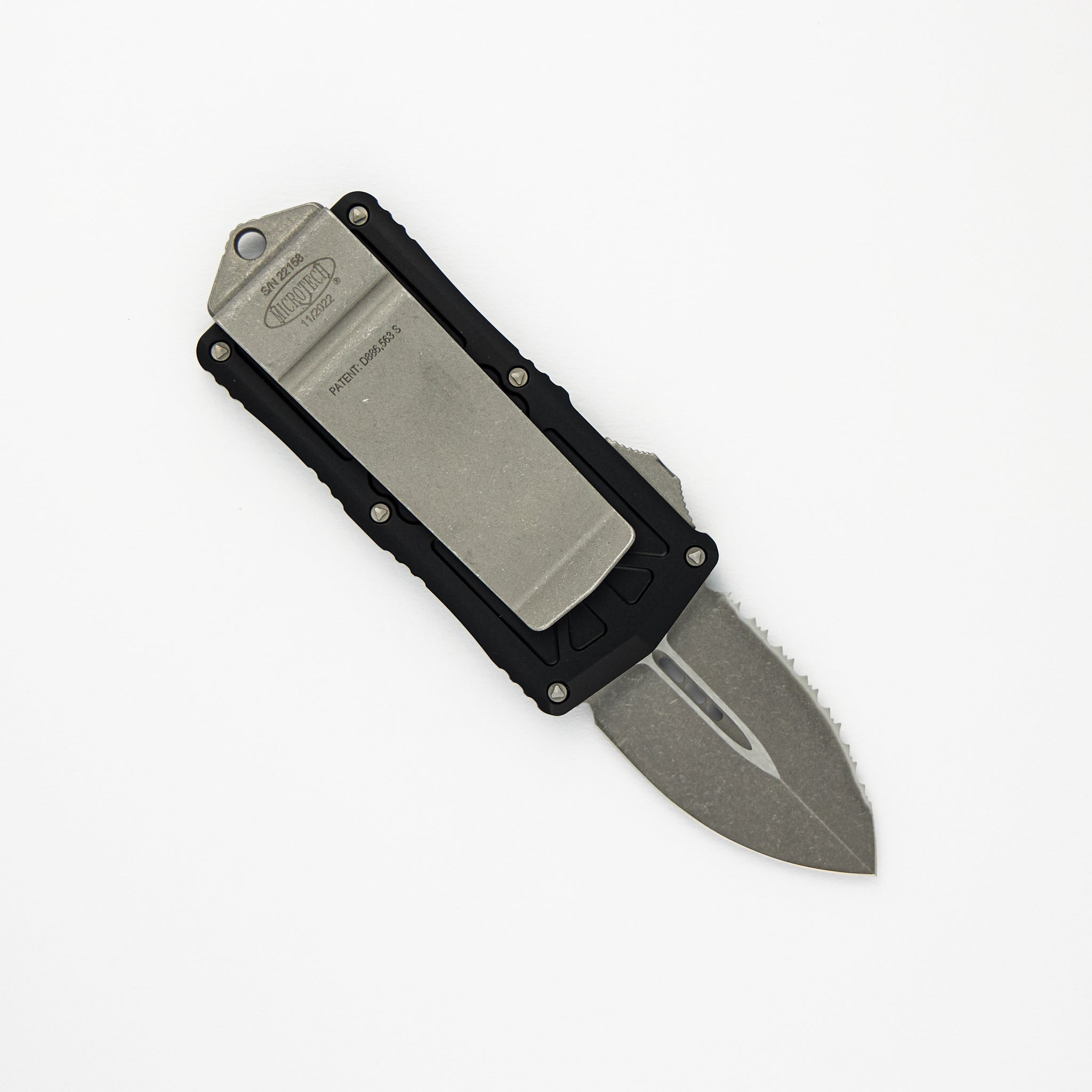 MICROTECH EXOCET - CA-LEGAL OTF KNIFE - MONEYCLIP D-E APOCALYPTIC FULL SERRATED 157-12 AP