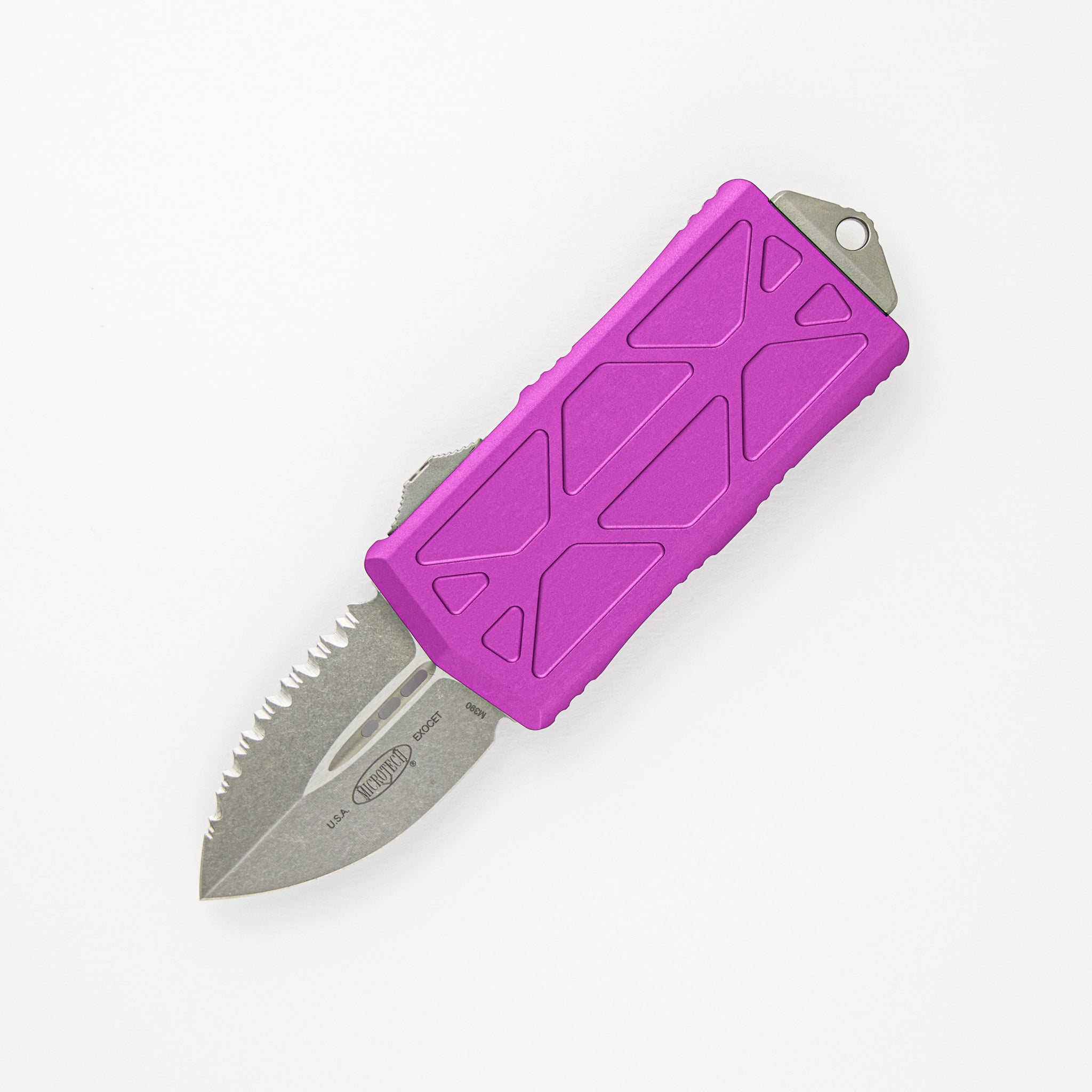 MICROTECH EXOCET - CA-LEGAL OTF KNIFE - VIOLET MONEYCLIP D-E STONEWASH STANDARD FULL SERRATED 157-12 VI