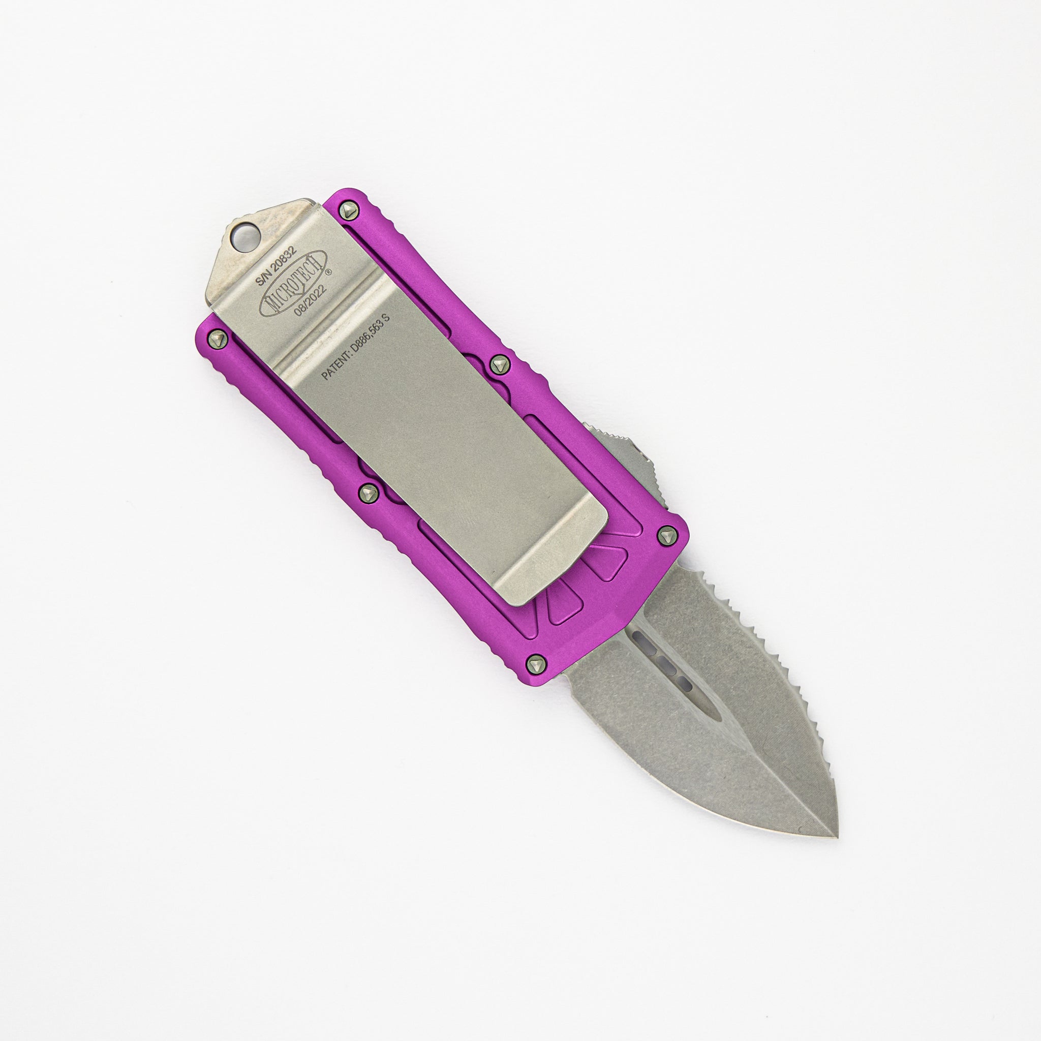 MICROTECH EXOCET - CA-LEGAL OTF KNIFE - VIOLET MONEYCLIP D-E STONEWASH STANDARD FULL SERRATED 157-12 VI