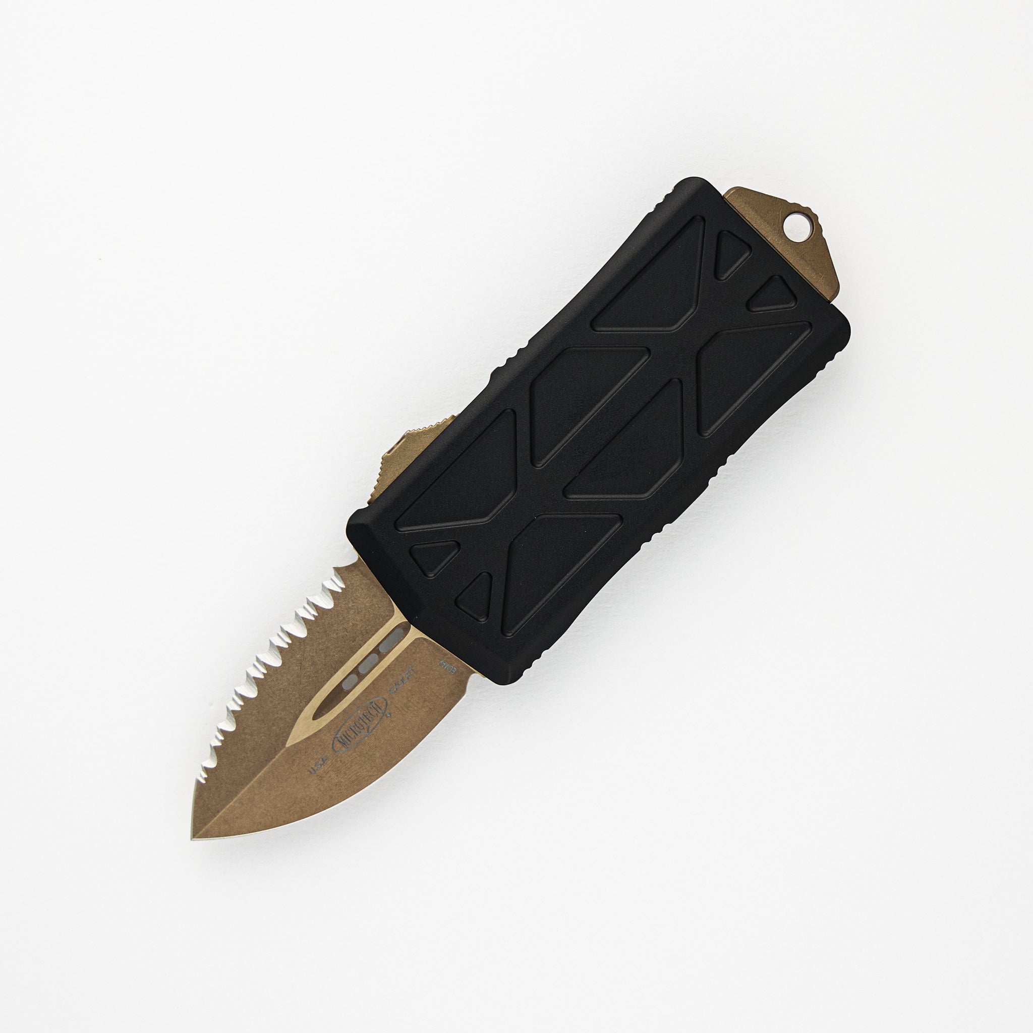 MICROTECH EXOCET - CA-LEGAL OTF KNIFE - MONEYCLIP D-E BRONZED FULL SERRATED 157-15