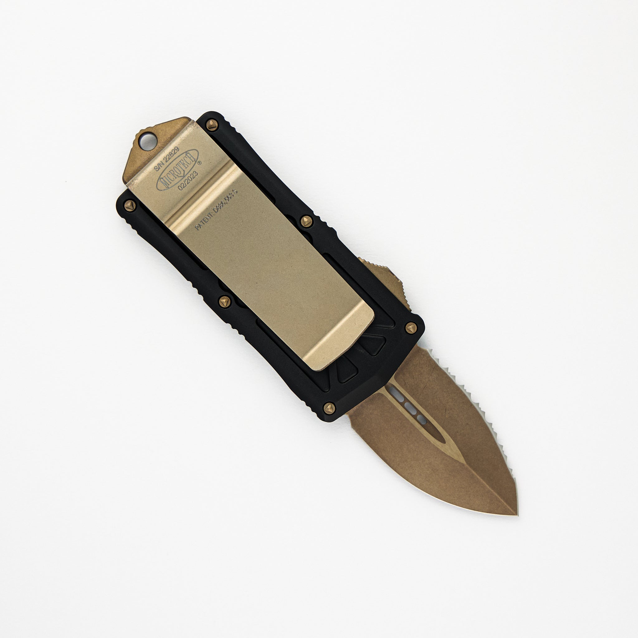 MICROTECH EXOCET - CA-LEGAL OTF KNIFE - MONEYCLIP D-E BRONZED FULL SERRATED 157-15