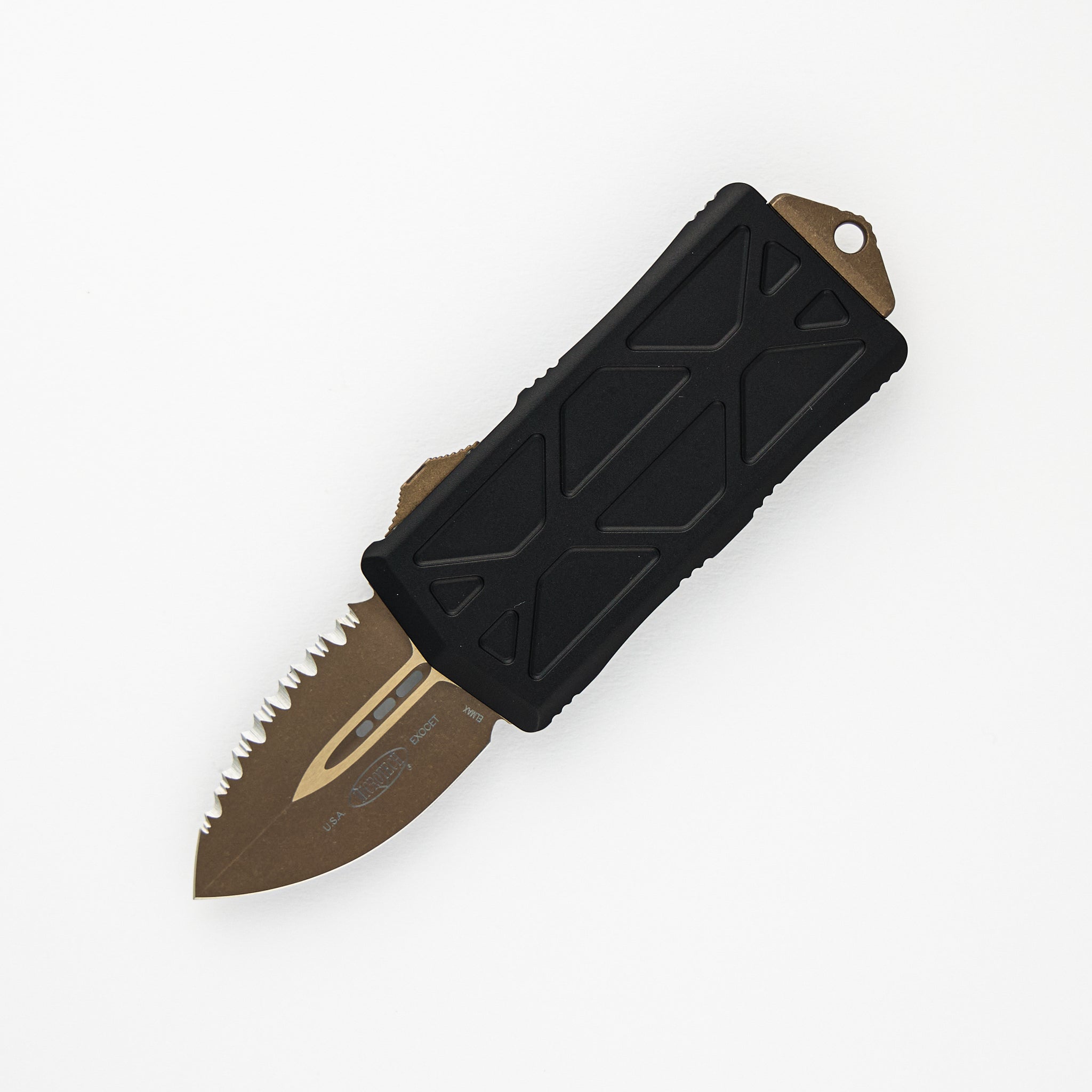 MICROTECH EXOCET - CA-LEGAL OTF KNIFE - MONEYCLIP D-E BRONZED APOCALYPTIC FULL SERRATED 157-15 AP