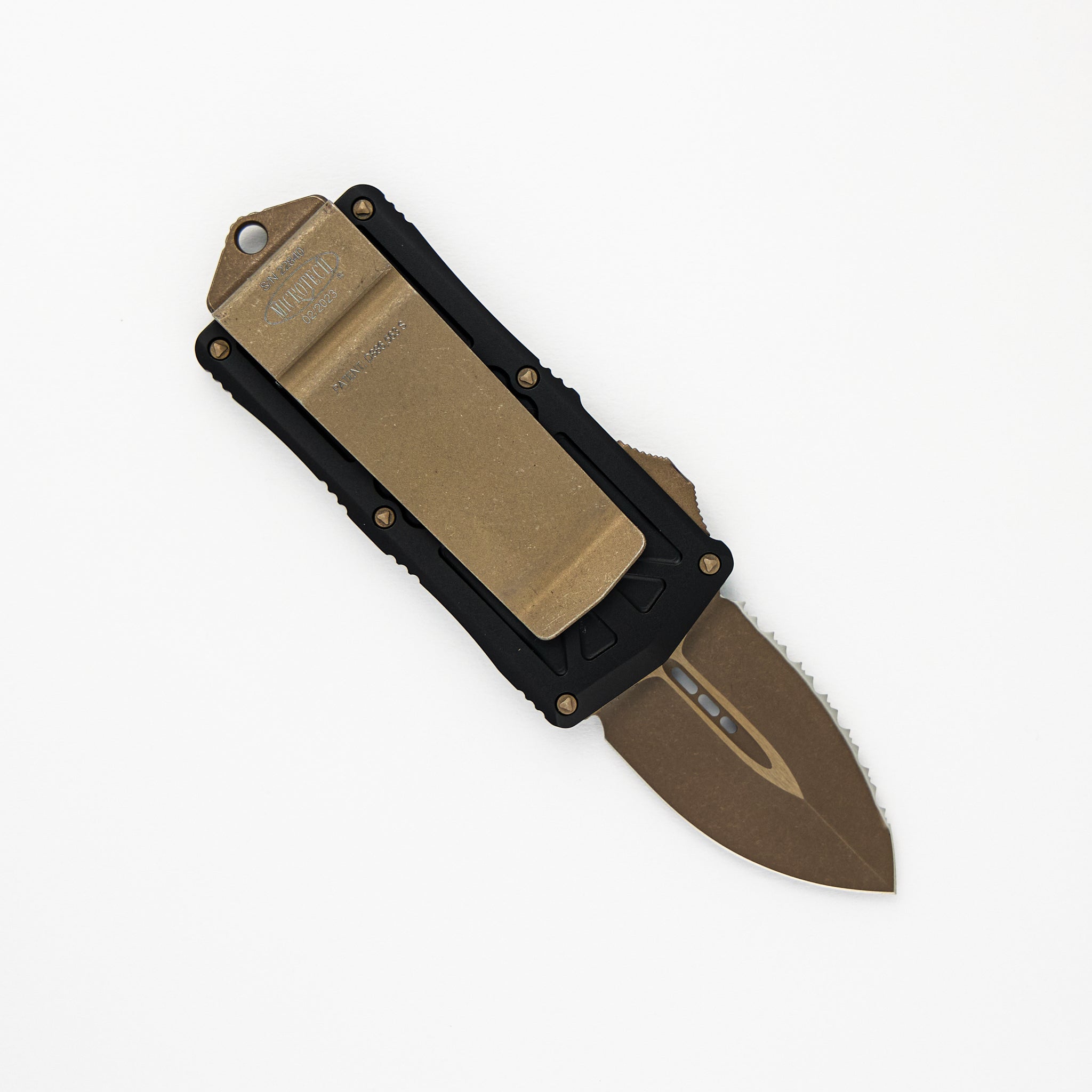 MICROTECH EXOCET - CA-LEGAL OTF KNIFE - MONEYCLIP D-E BRONZED APOCALYPTIC FULL SERRATED 157-15 AP