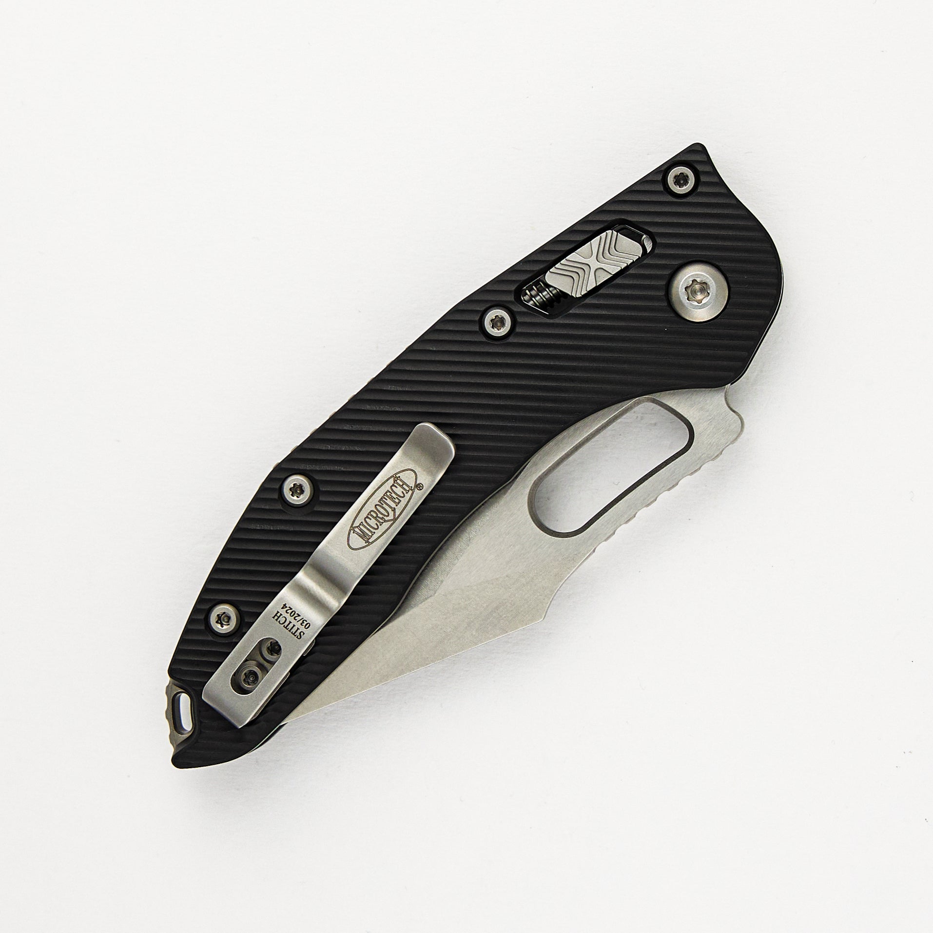 Microtech - Borka Blades Design Stitch – RAM-LOK S/E Fluted Black Aluminum Stonewash Partial Serrated 169RL-11FL