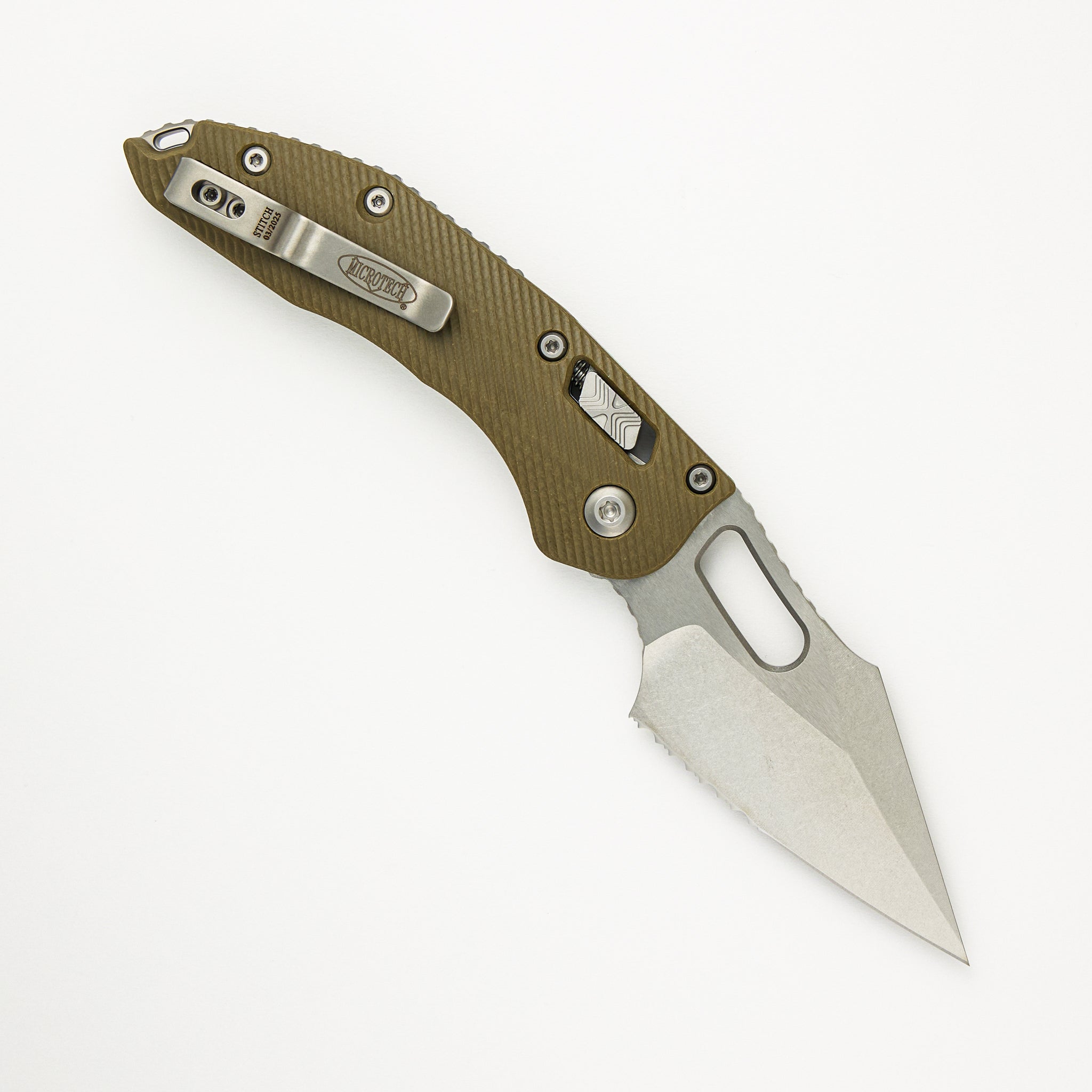 Stitch – RAM-LOK S/E Fluted G10 OD Green Stonewash Partial Serrated 169RL-11FLGTOD (Borka Blades Design)