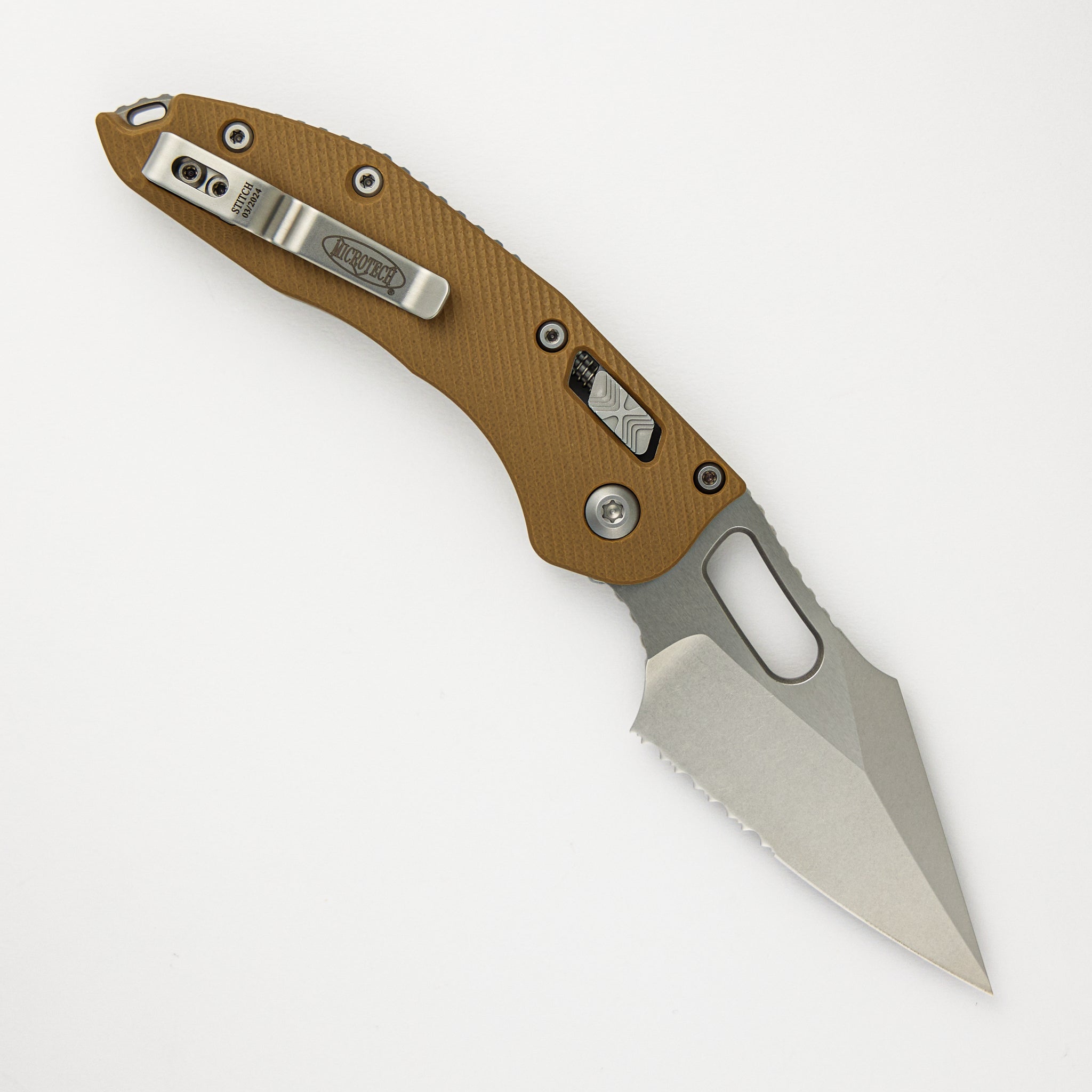 Microtech - Borka Blades Design Stitch – RAM-LOK S/E Fluted Tan G10 Stonewash Partial Serrated 169RL-11FLGTTA