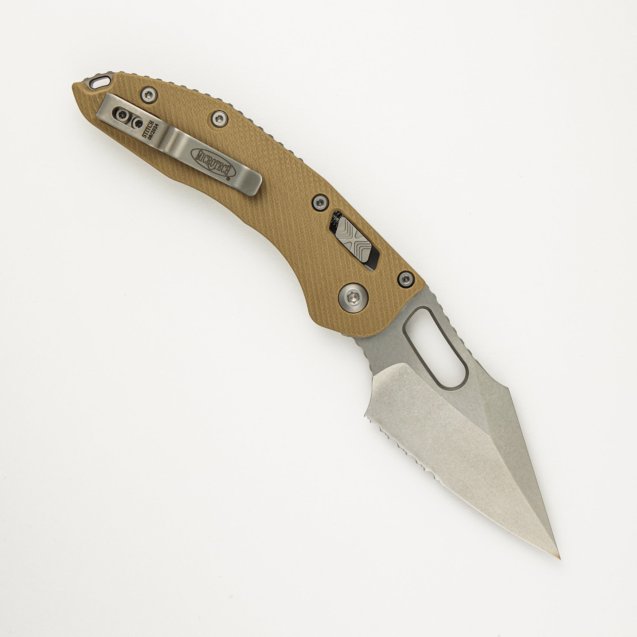 Microtech - Borka Blades Design Stitch – RAM-LOK S/E Fluted Tan G10 Stonewash Partial Serrated 169RL-11FLGTTA