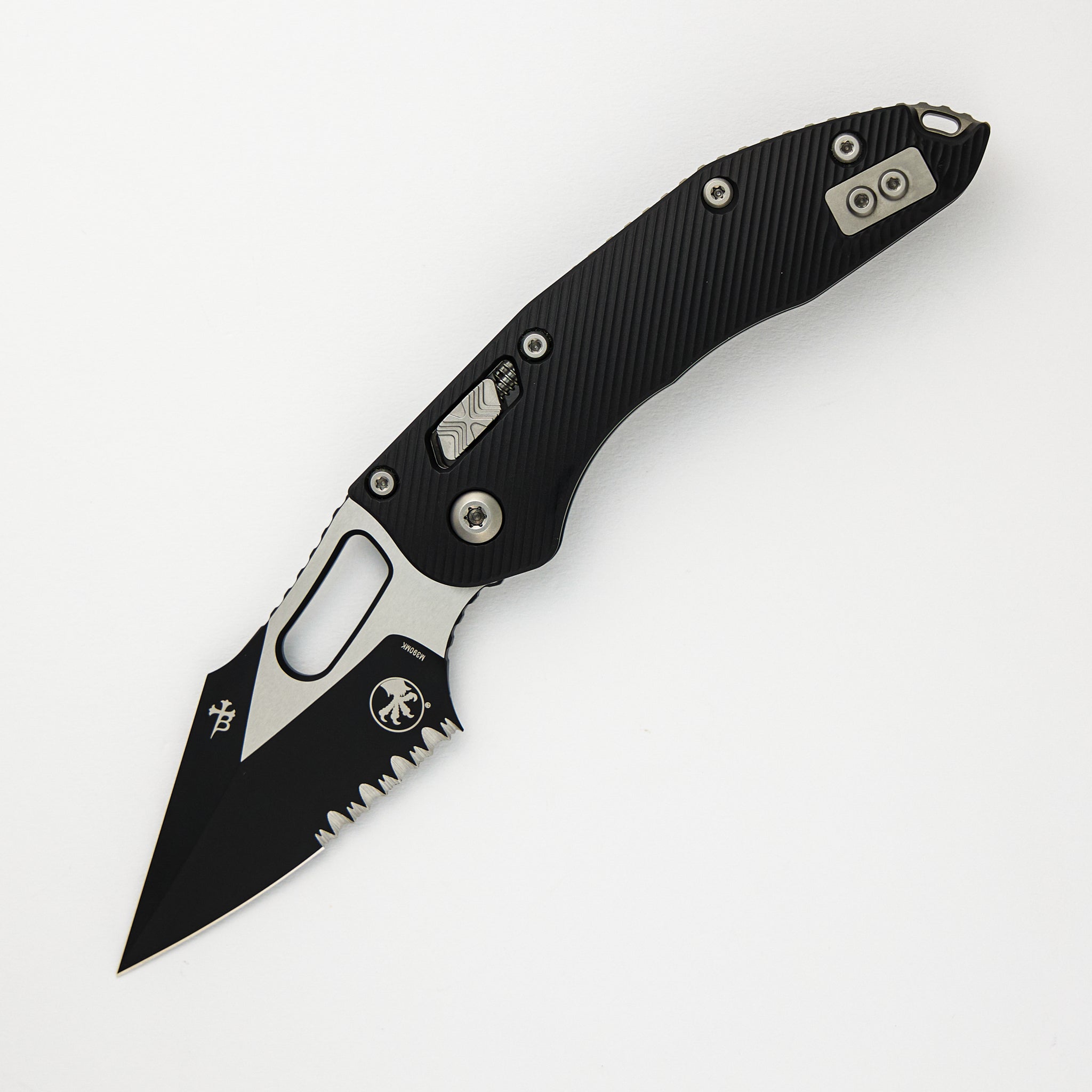 Microtech - Borka Blades Design Stitch – RAM-LOK S/E Fluted Black Aluminum Partial Serrated Black Standard 169RL-2FL