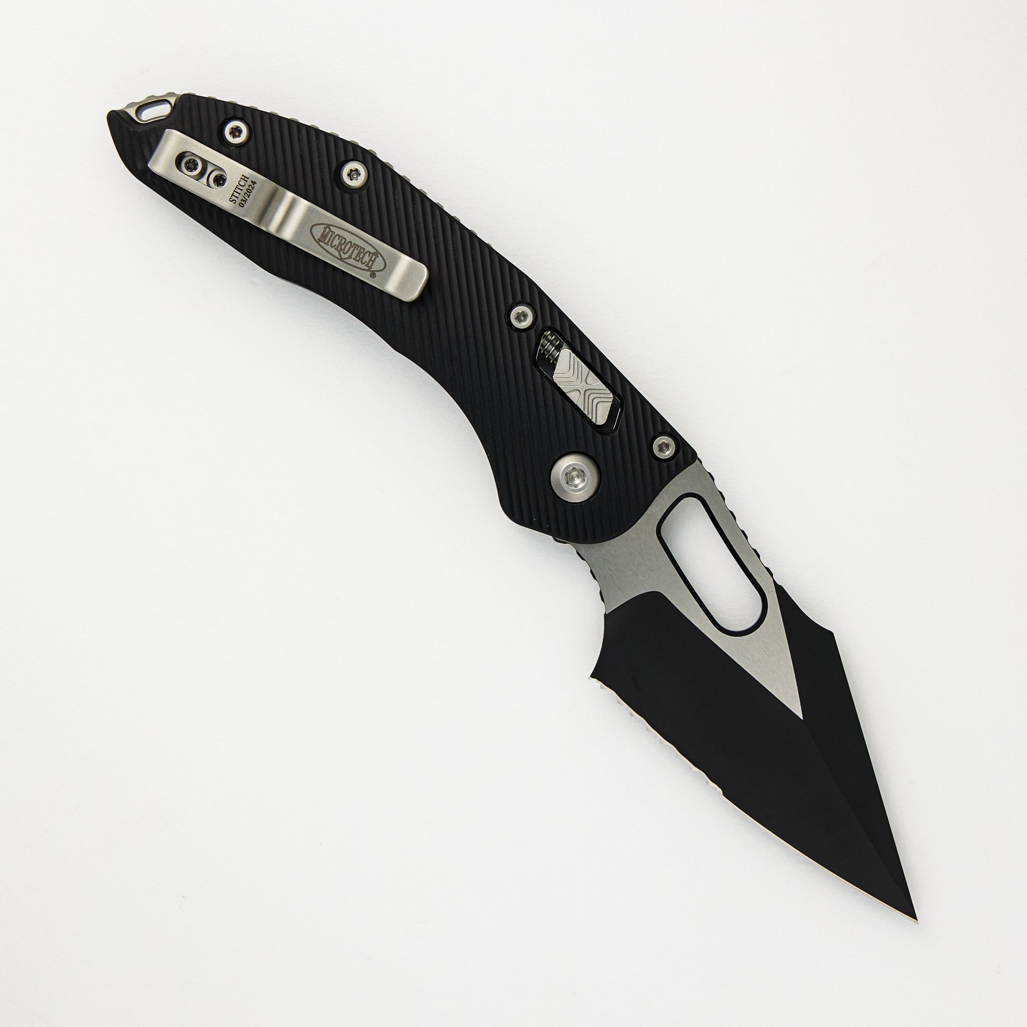 Microtech - Borka Blades Design Stitch – RAM-LOK S/E Fluted Black Aluminum Partial Serrated Black Standard 169RL-2FL