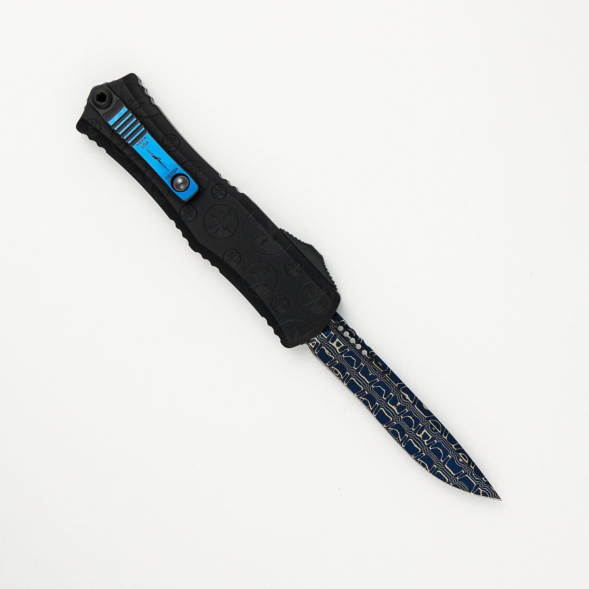 Microtech Hera II Mini Recurve Signature Series Vegas Forge Claw Burst W/ Blue Hardware 1705M-16MS1