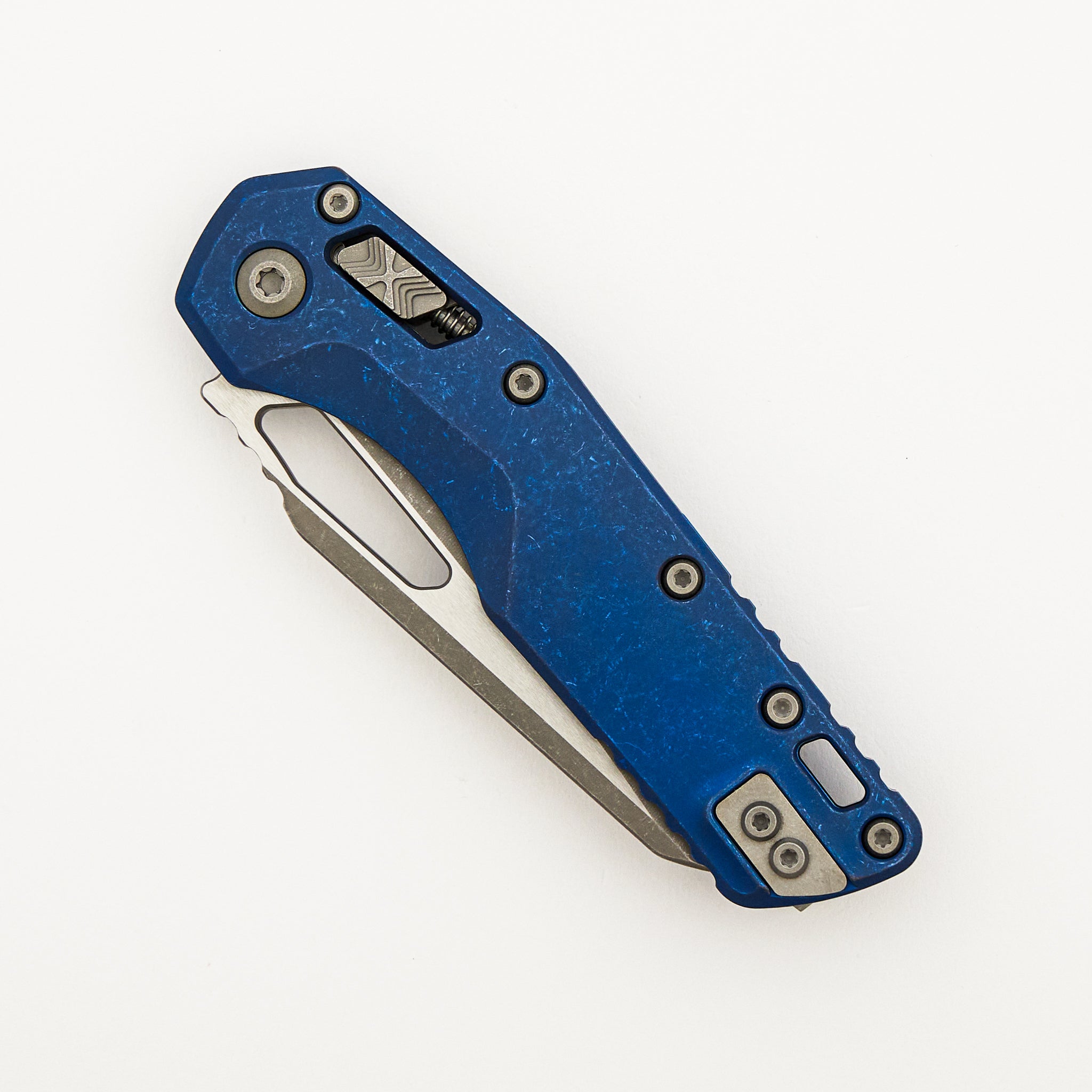 "Marfione Select" MSI - RAM-LOK - Full Serrated Apocalyptic Finish Antique Blue Anodized Slab Side Titanium W/ Blue Accent 210-12APMS2