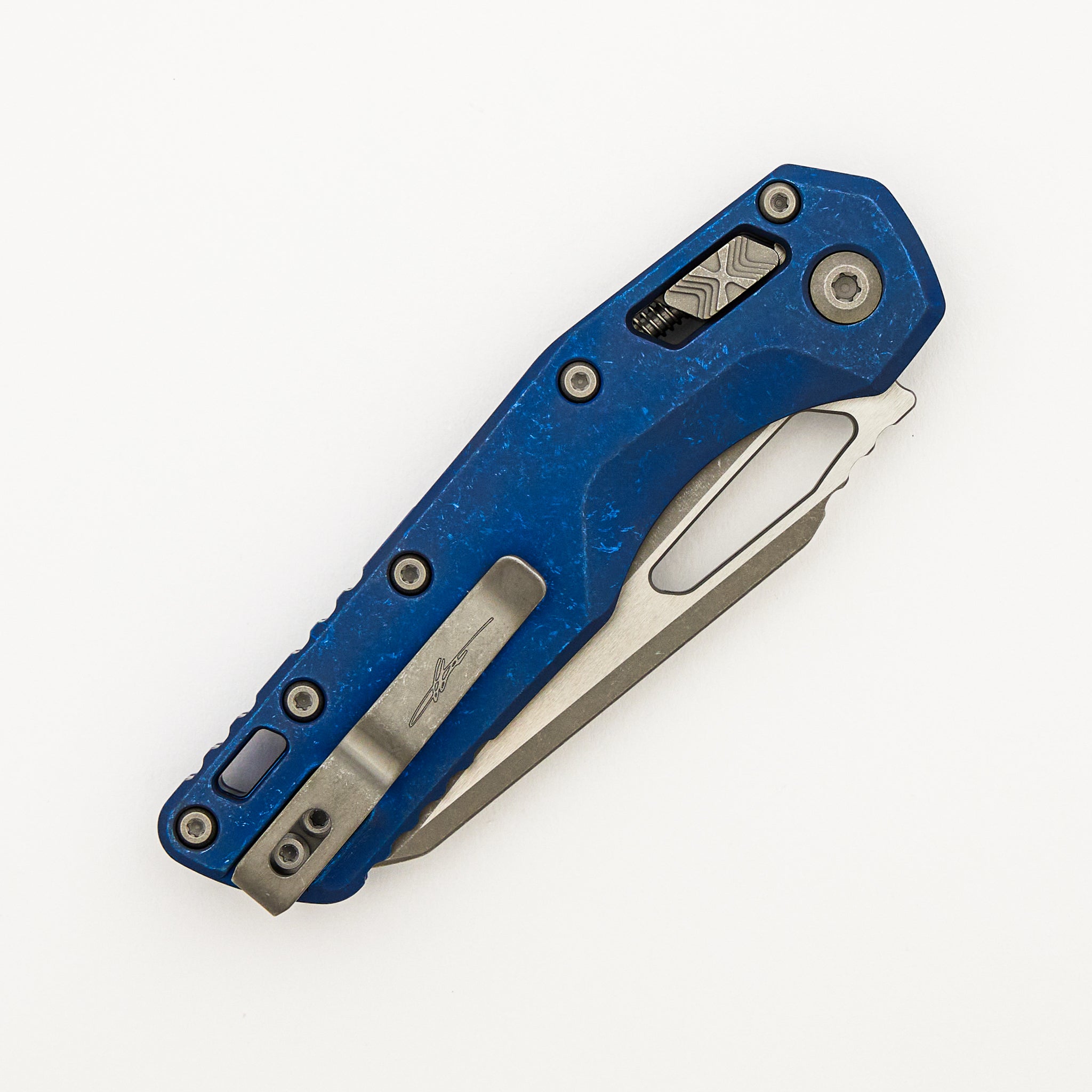 "Marfione Select" MSI - RAM-LOK - Full Serrated Apocalyptic Finish Antique Blue Anodized Slab Side Titanium W/ Blue Accent 210-12APMS2