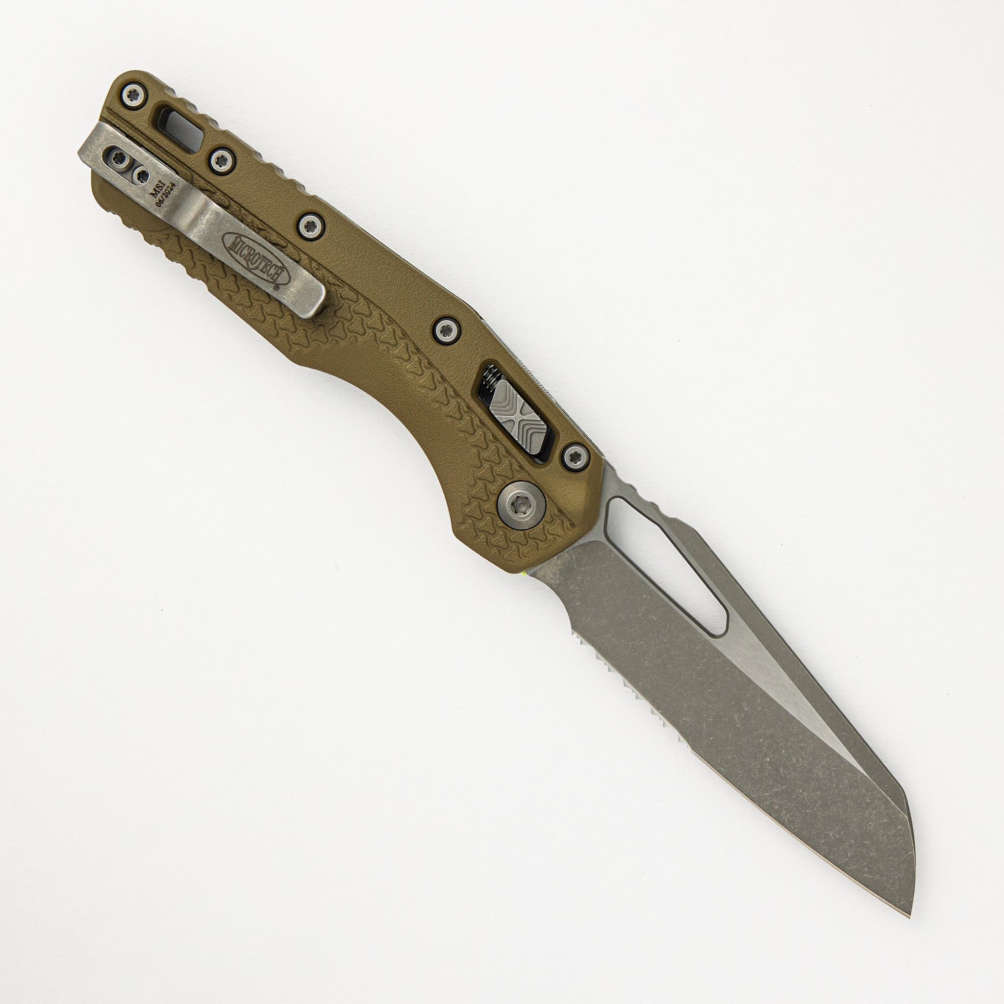 Microtech MSI S/E Tri-Grip Polymer OD Green Apocalyptic Partial Serrat