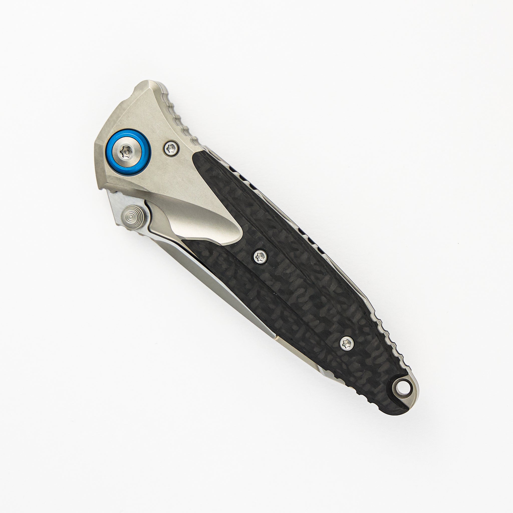 Microtech Socom Bravo Mini T/E Titanium Handle Bead Blast Standard Blue Titanium Pivot Collar Carbon Fiber Scales 261M-7 CFTI