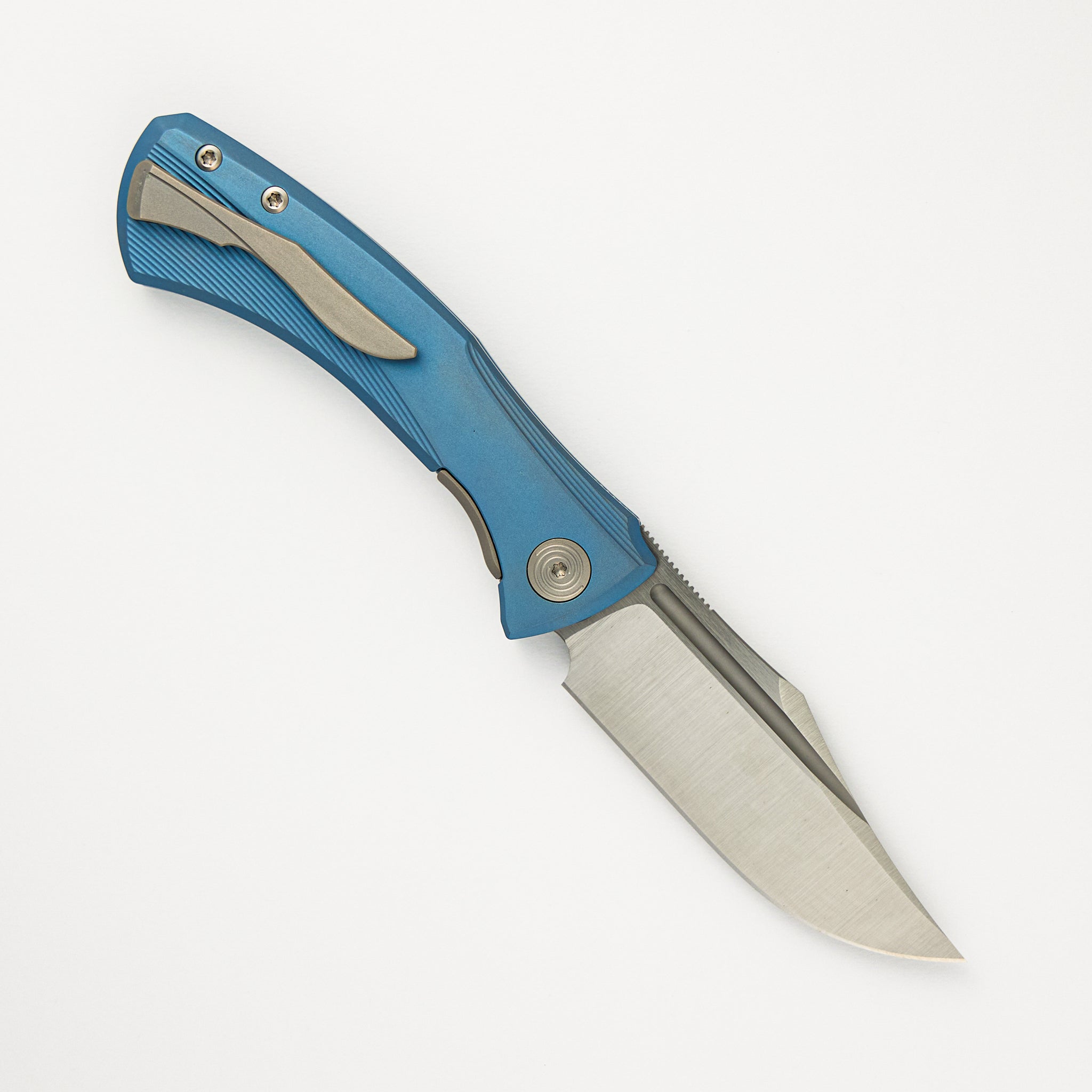 Null Knives Ghoul - Ti Blue Anodized Handle - Belt Satin S90V Blade