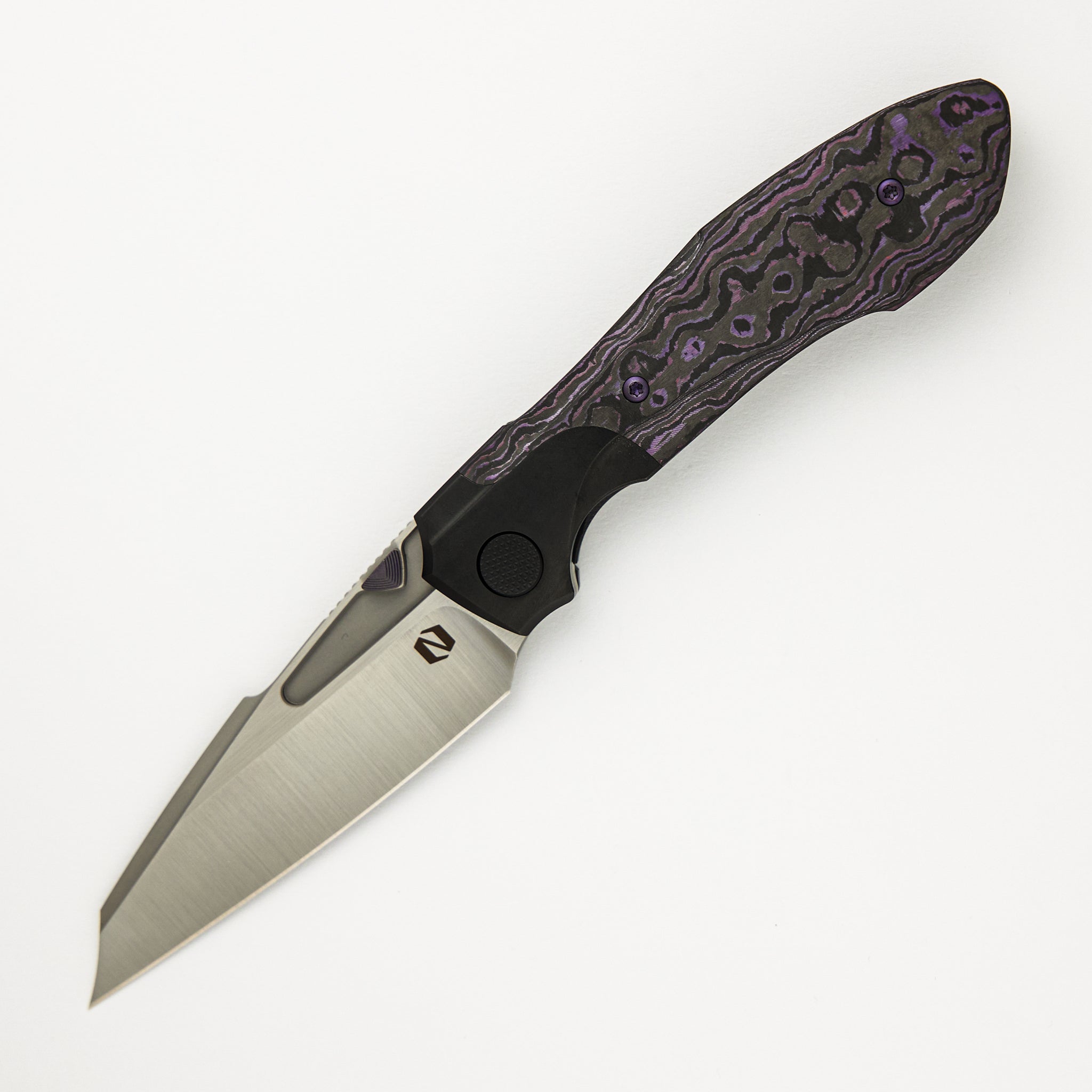 Null Knives Voodoo - Black PVD/Light Stonewash Ti/Purple Haze Carbon FIber Handle - Belt Satin M390 Blade