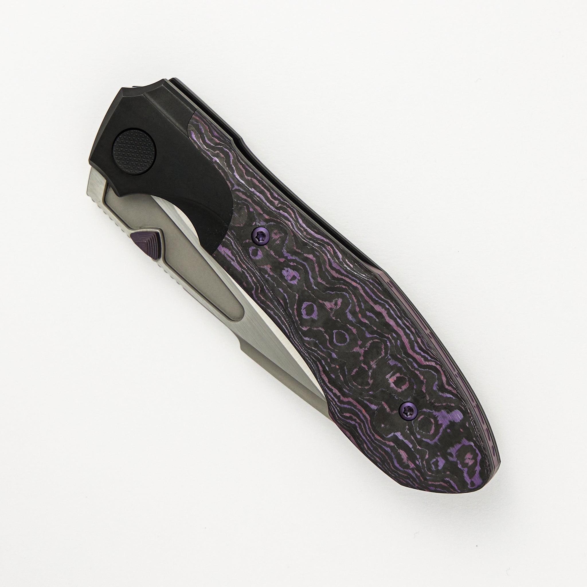 Null Knives Voodoo - Black PVD/Light Stonewash Ti/Purple Haze Carbon FIber Handle - Belt Satin M390 Blade