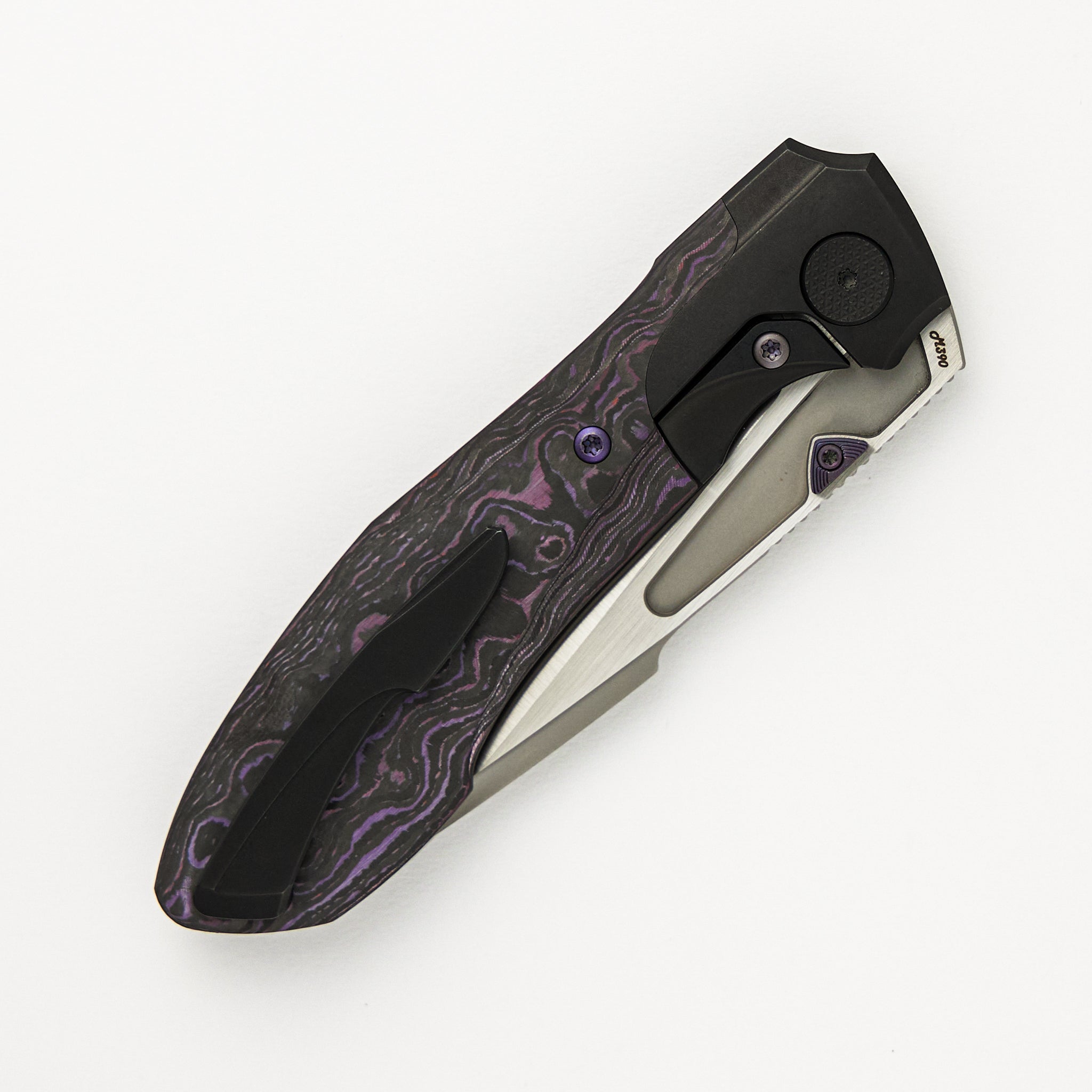 Null Knives Voodoo - Black PVD/Light Stonewash Ti/Purple Haze Carbon FIber Handle - Belt Satin M390 Blade